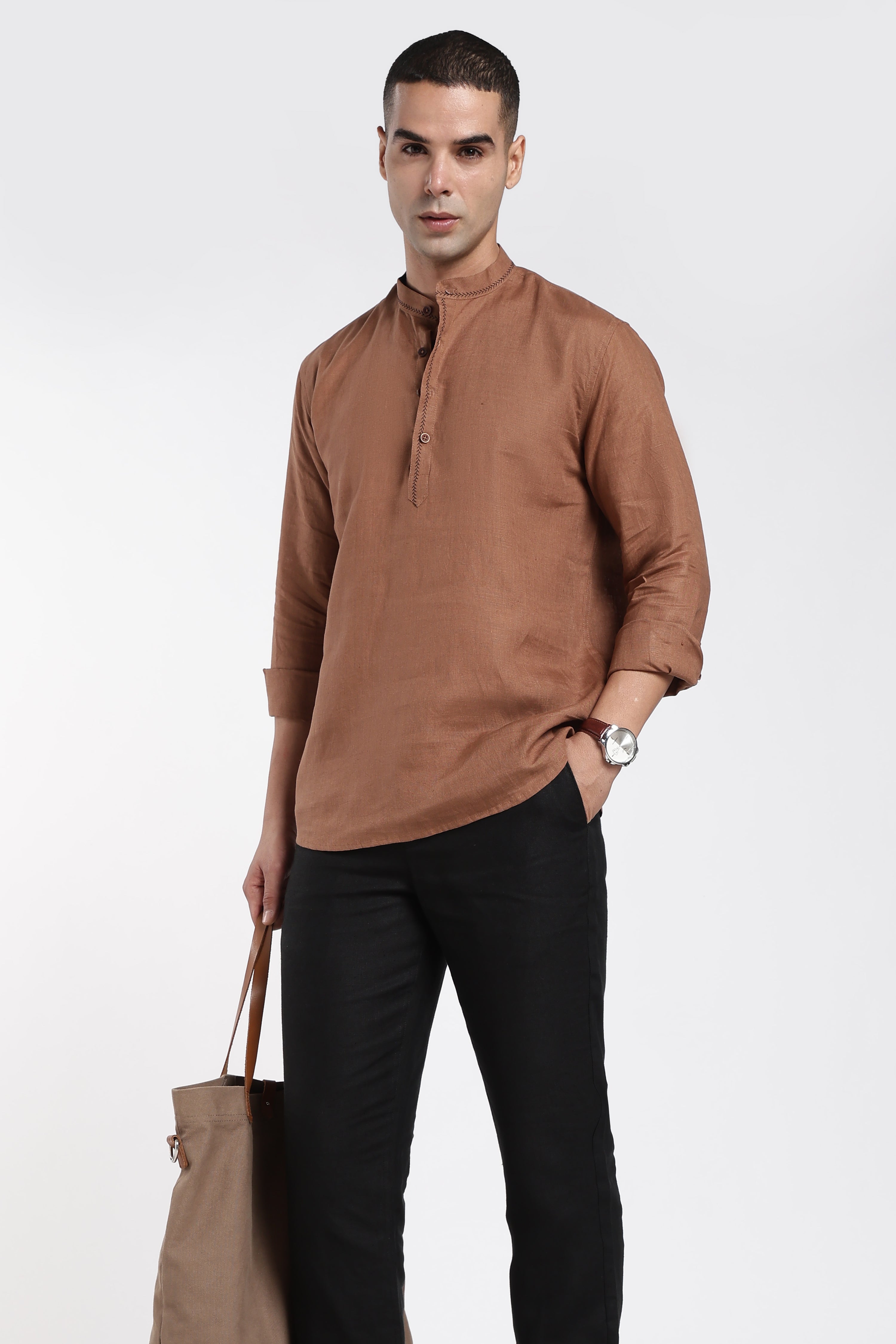 Premium Men’s Rust Brown Linen Half Placket Mandarin Collar Kurta | Linen Culture