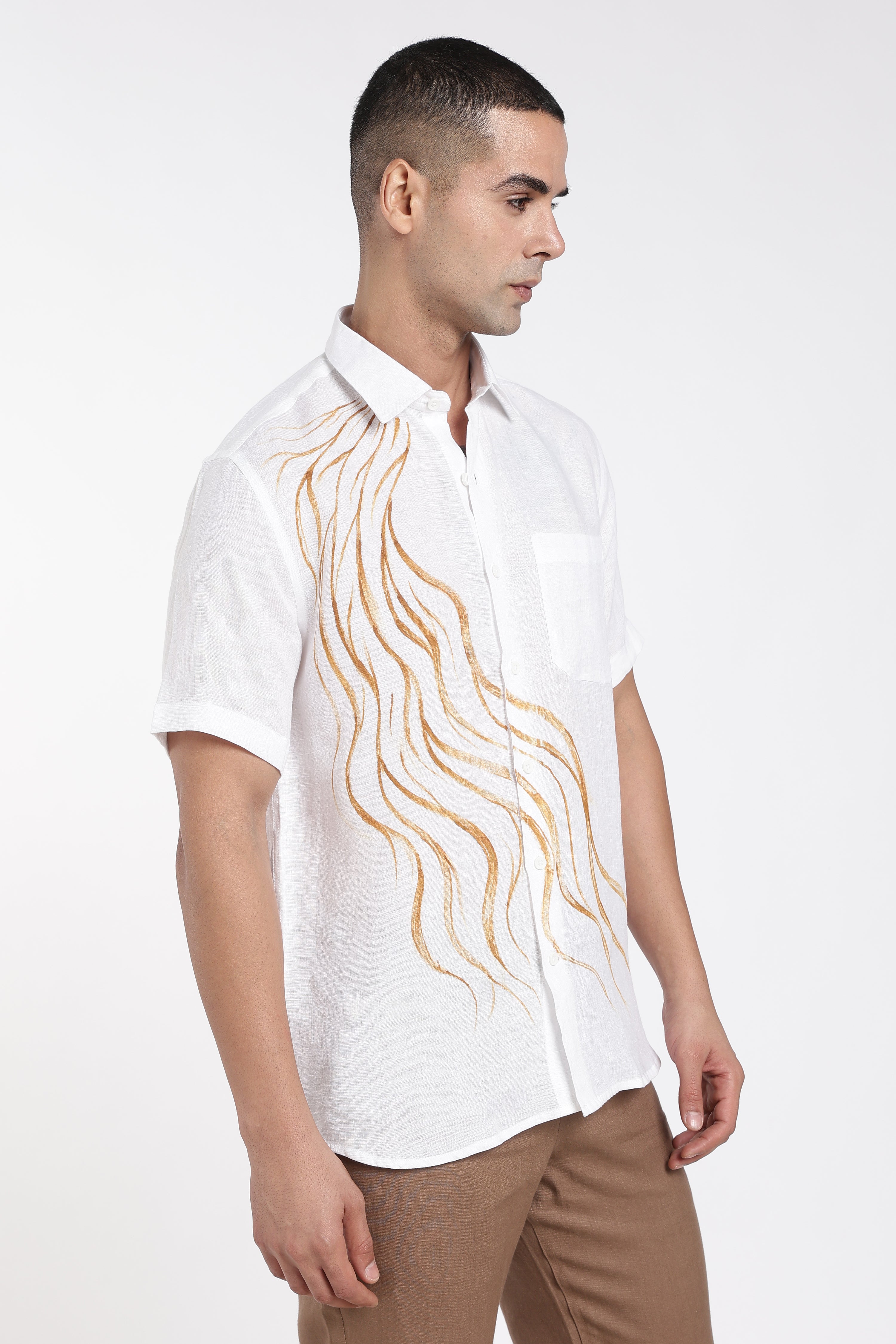 Men’s White Hand-Painted Linen Shirt with Artwork | Designer Linen Shirt