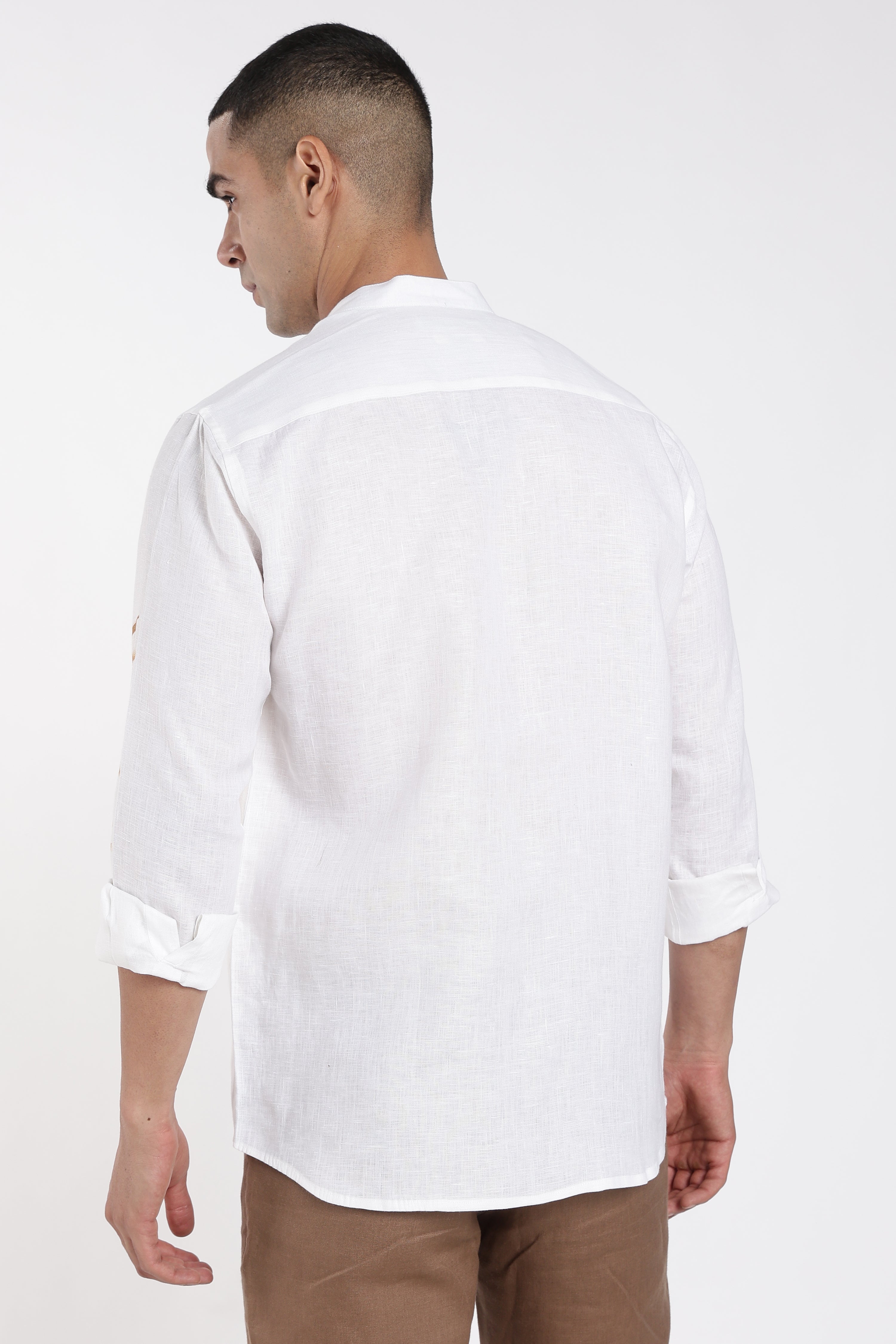 Men’s White Hand-Painted Linen Shirt with Artwork | Designer Mandarin Collar Shirt