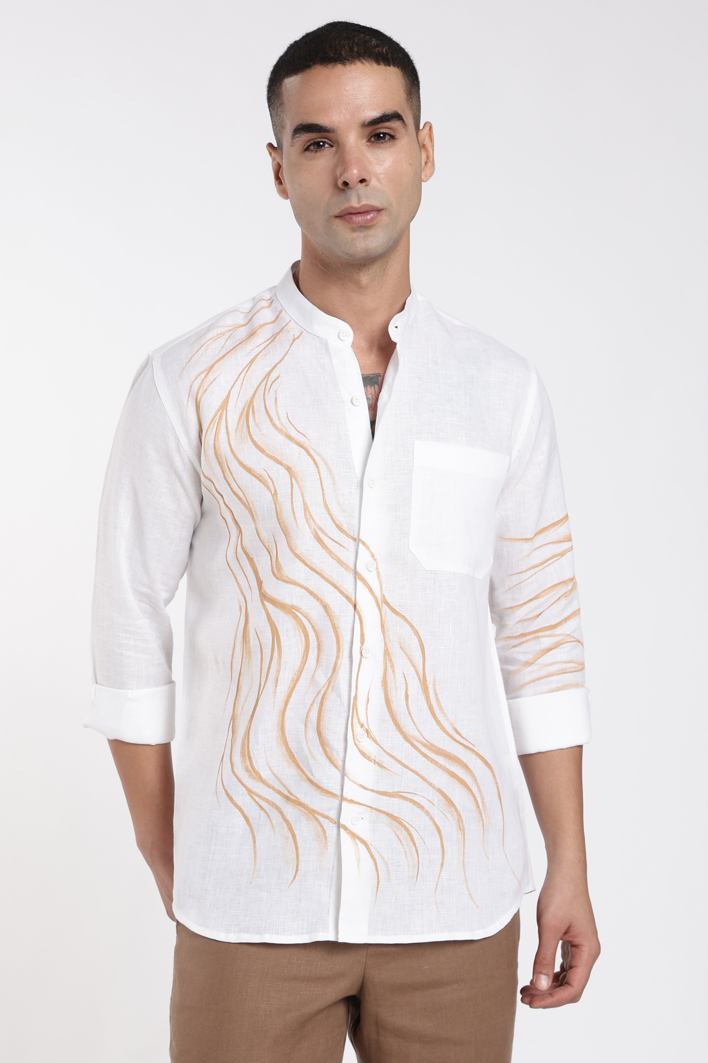 Men’s White Hand-Painted Linen Shirt with Artwork | Designer Mandarin Collar Shirt