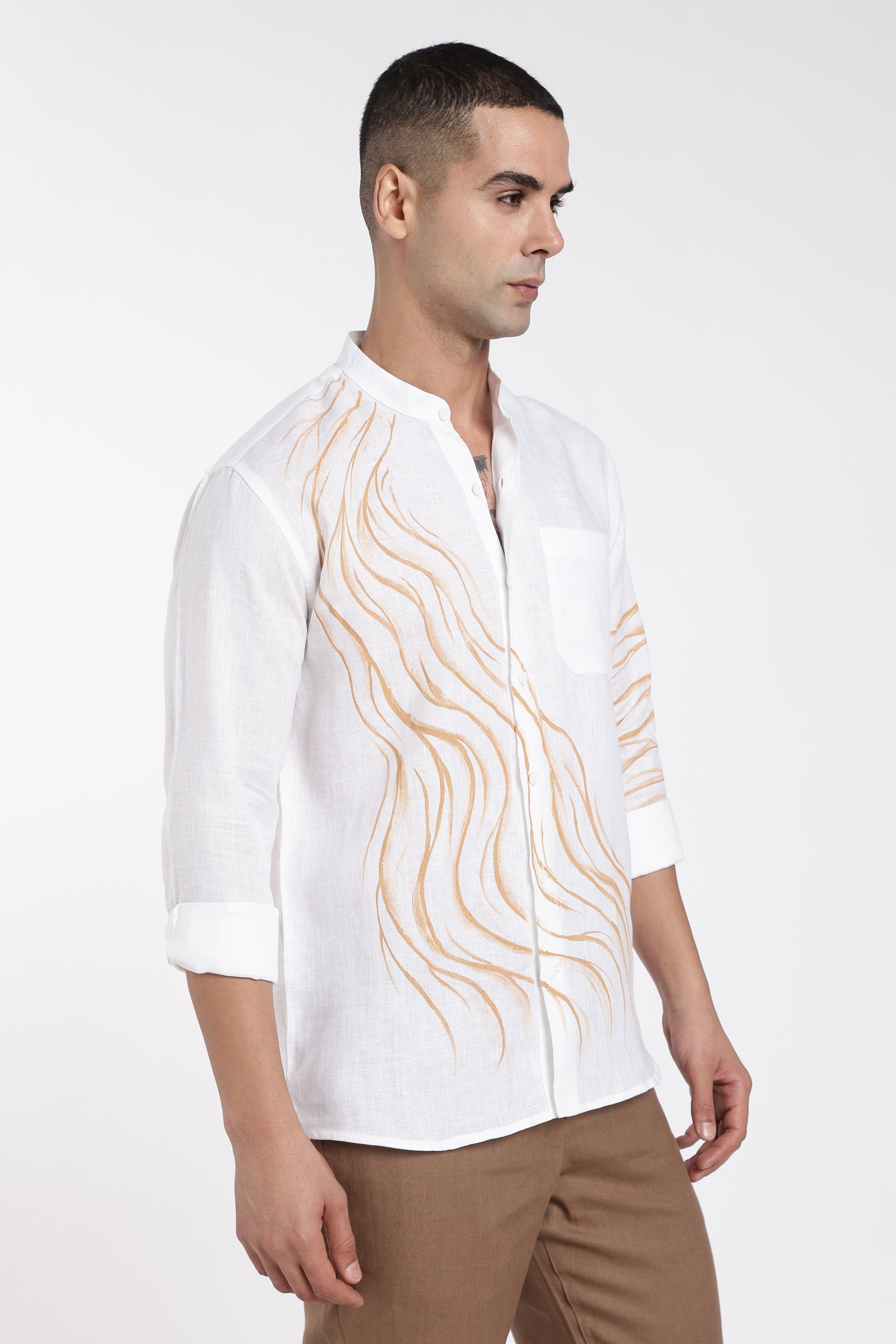 Men’s White Hand-Painted Linen Shirt with Artwork | Designer Mandarin Collar Shirt