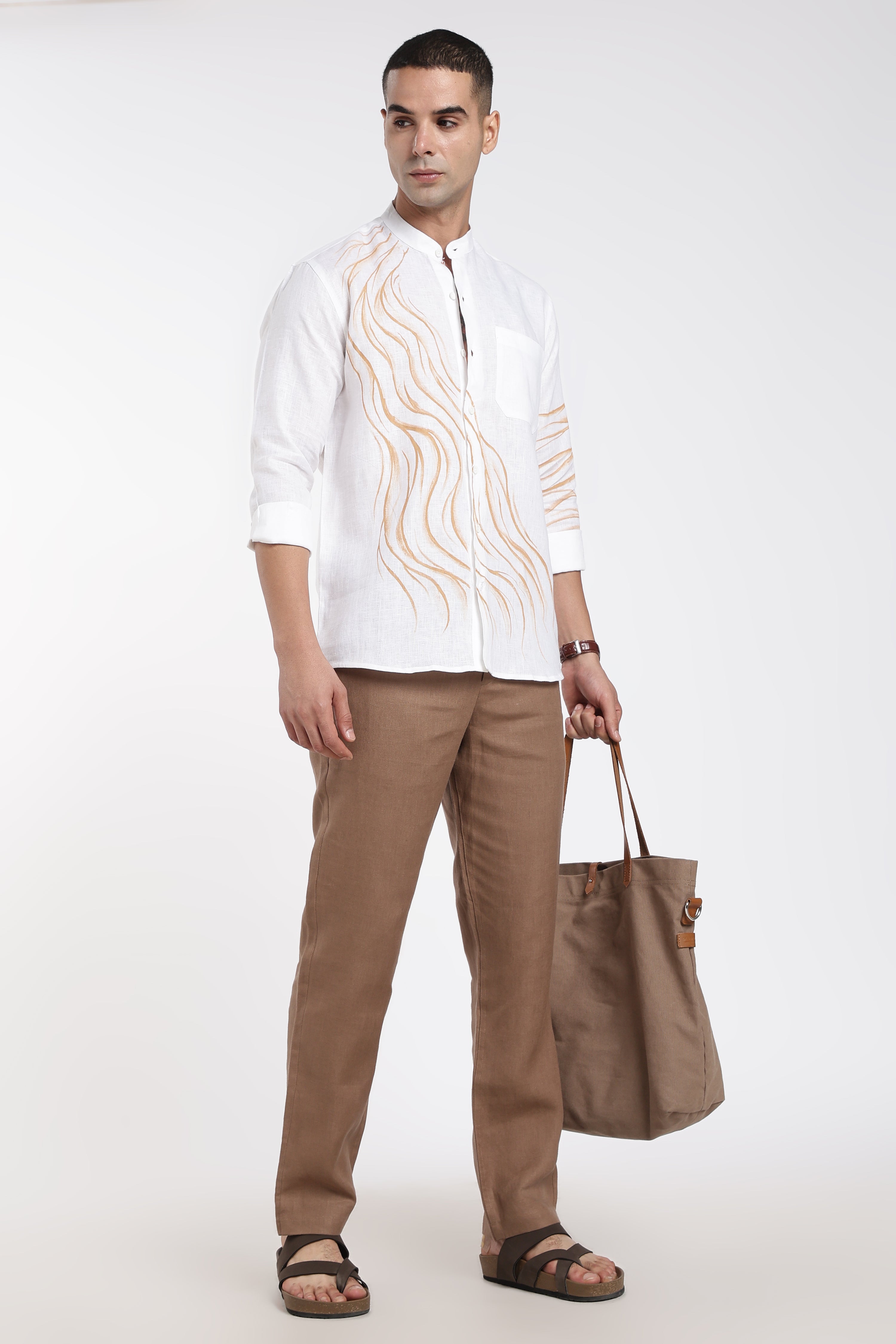 Men’s White Hand-Painted Linen Shirt with Artwork | Designer Mandarin Collar Shirt