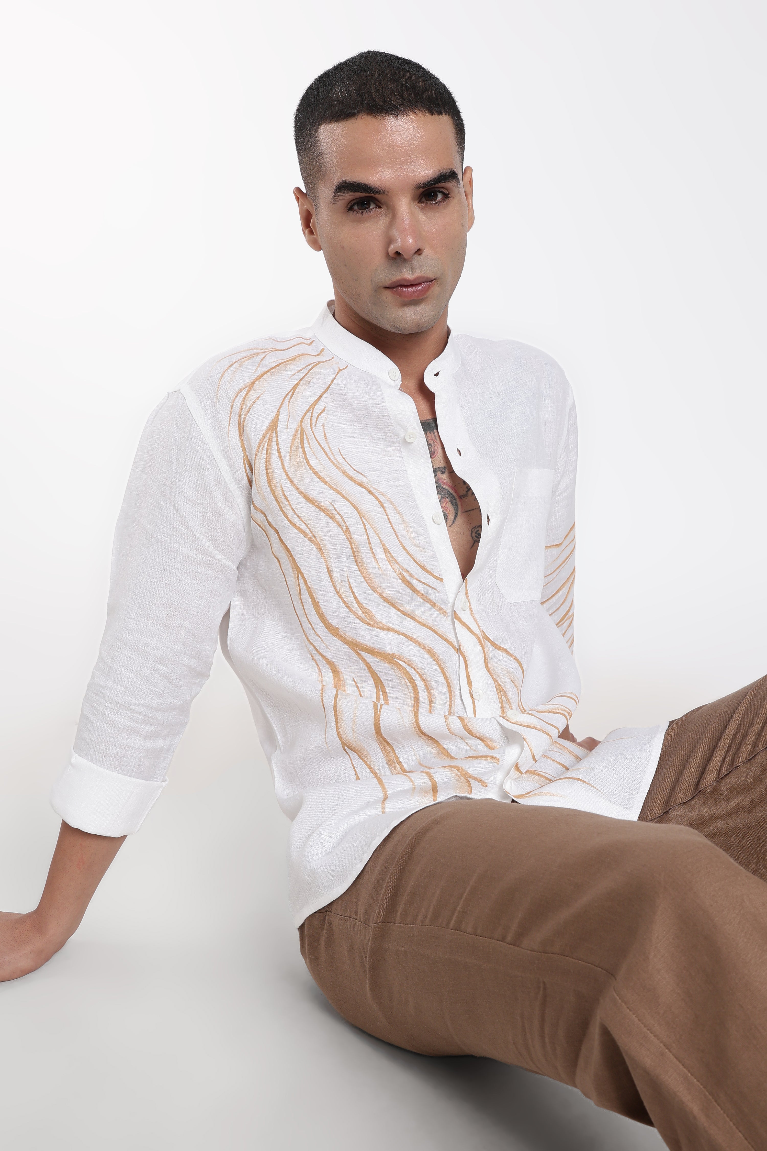 Men’s White Hand-Painted Linen Shirt with Artwork | Designer Mandarin Collar Shirt