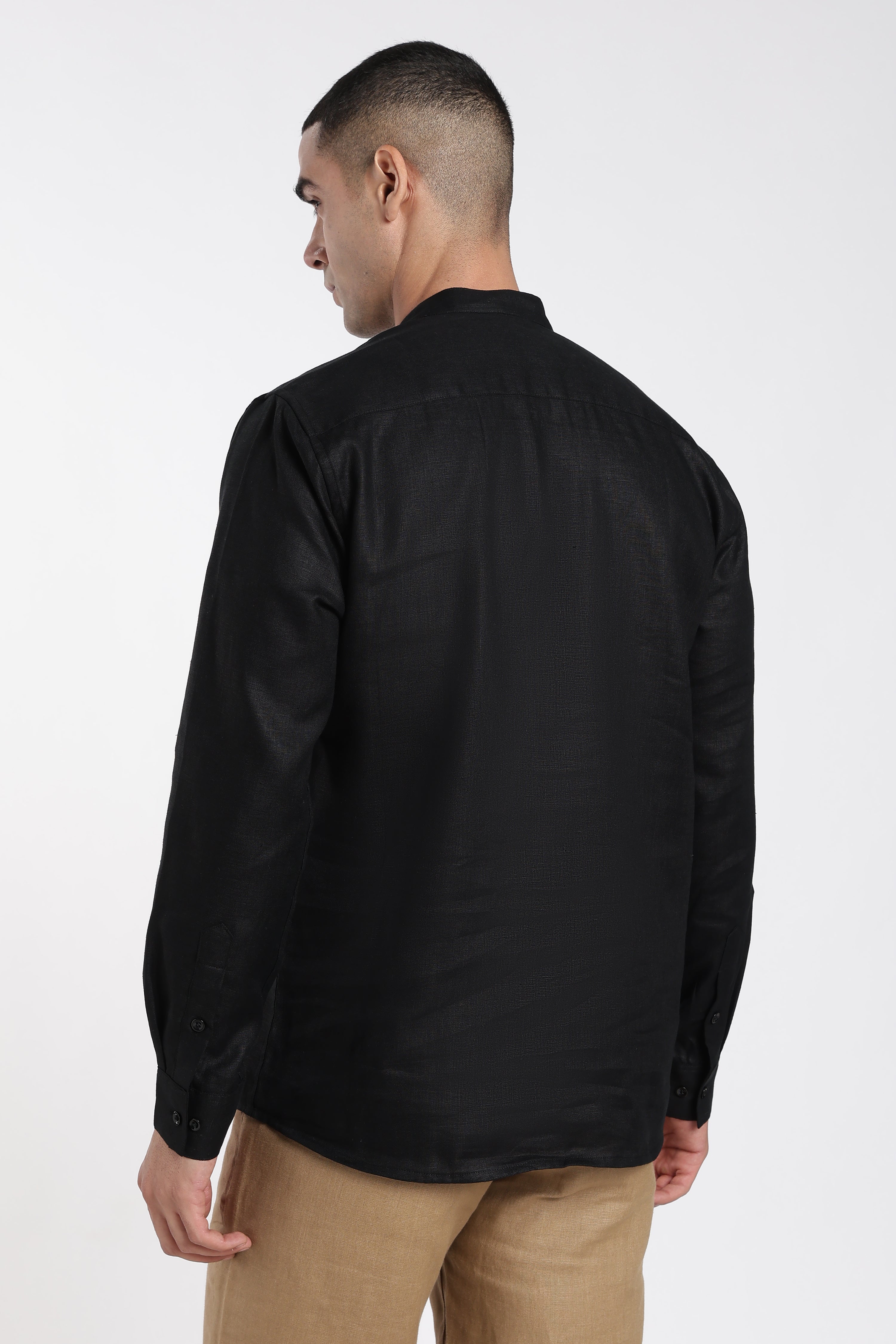 Premium Men’s Black Linen Half Placket Mandarin Collar Kurta | Linen Culture