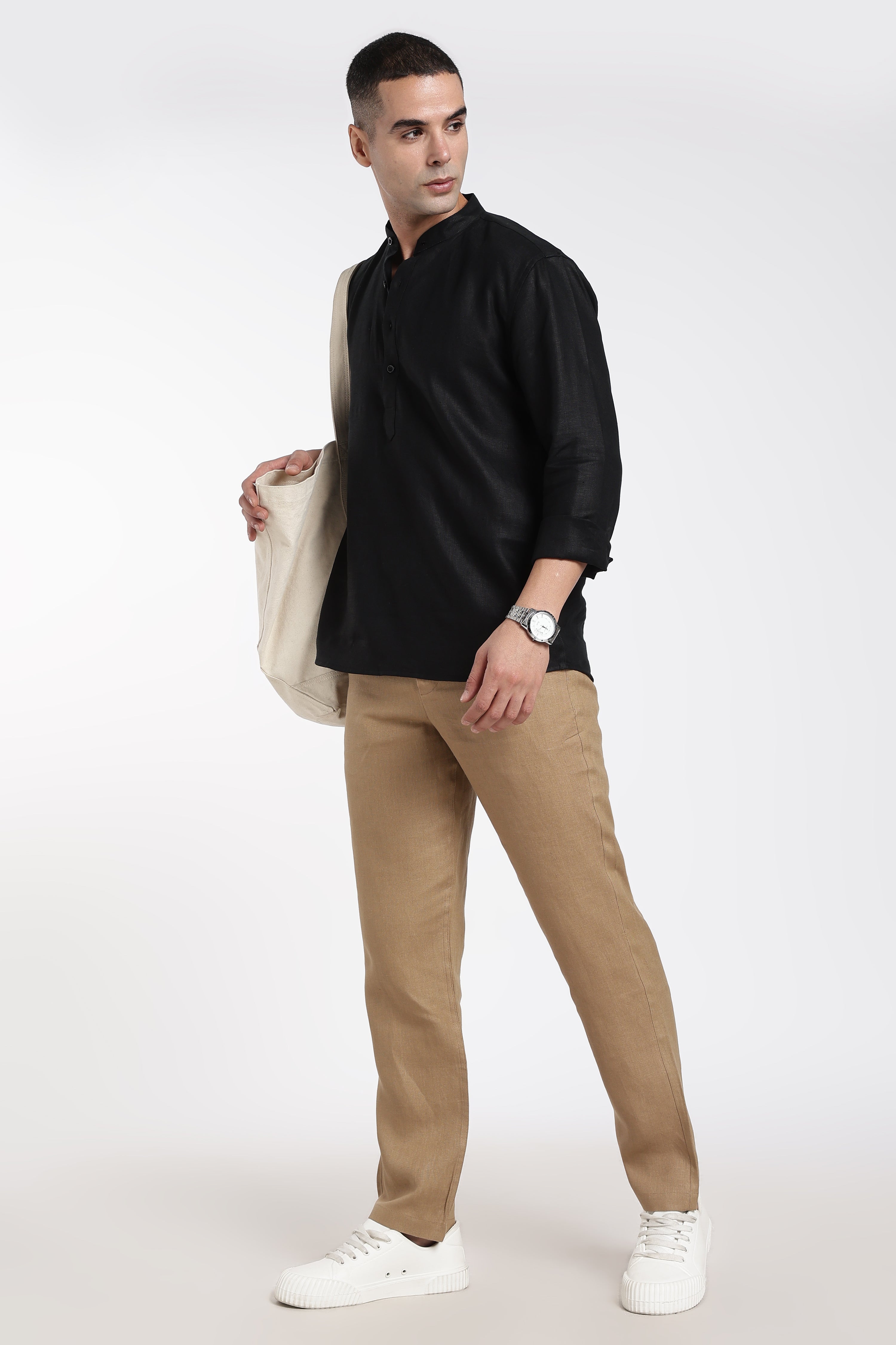 Premium Men’s Black Linen Half Placket Mandarin Collar Kurta | Linen Culture