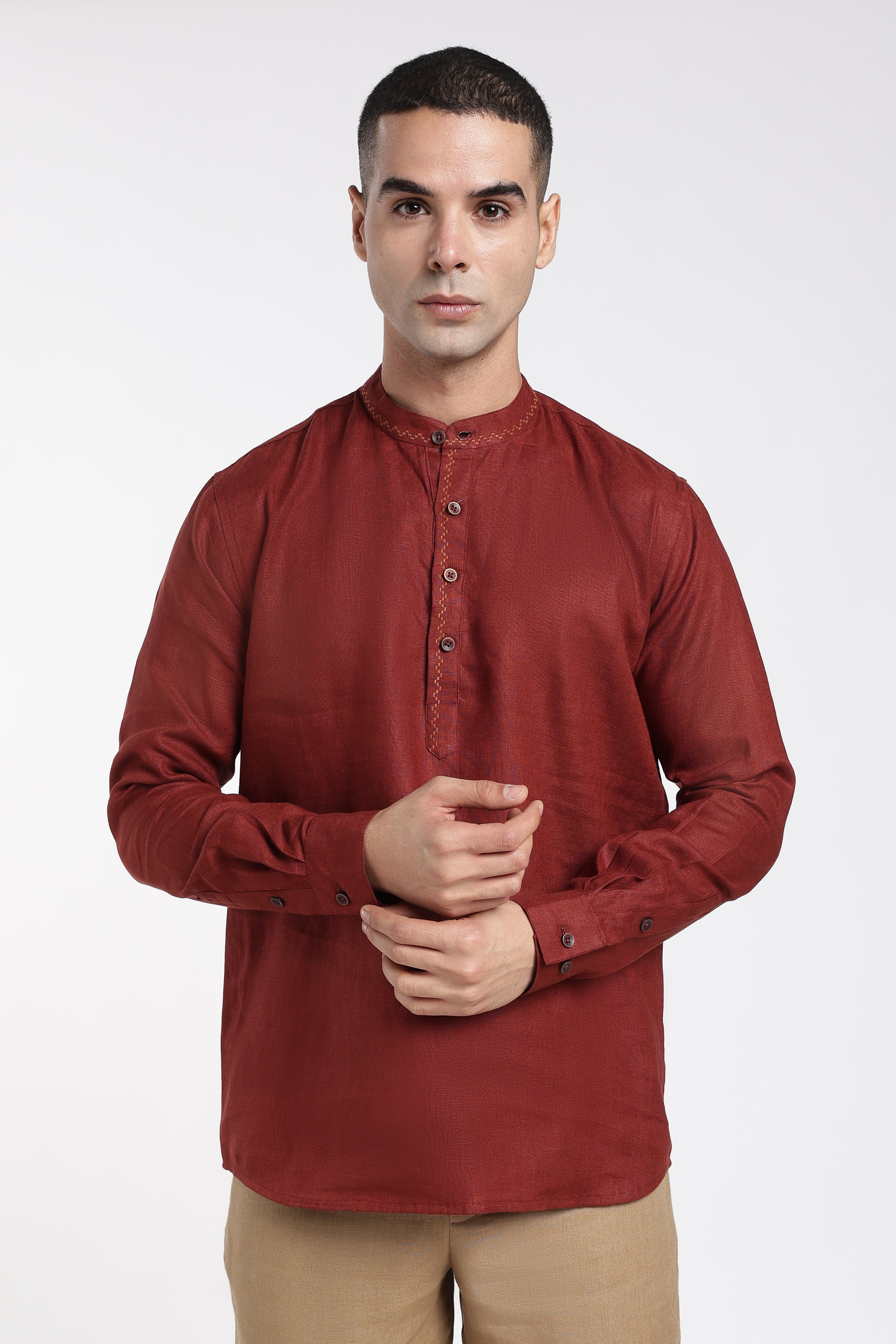 Men’s Maroon Linen Half Placket Mandarin Collar Kurta | Linen Culture