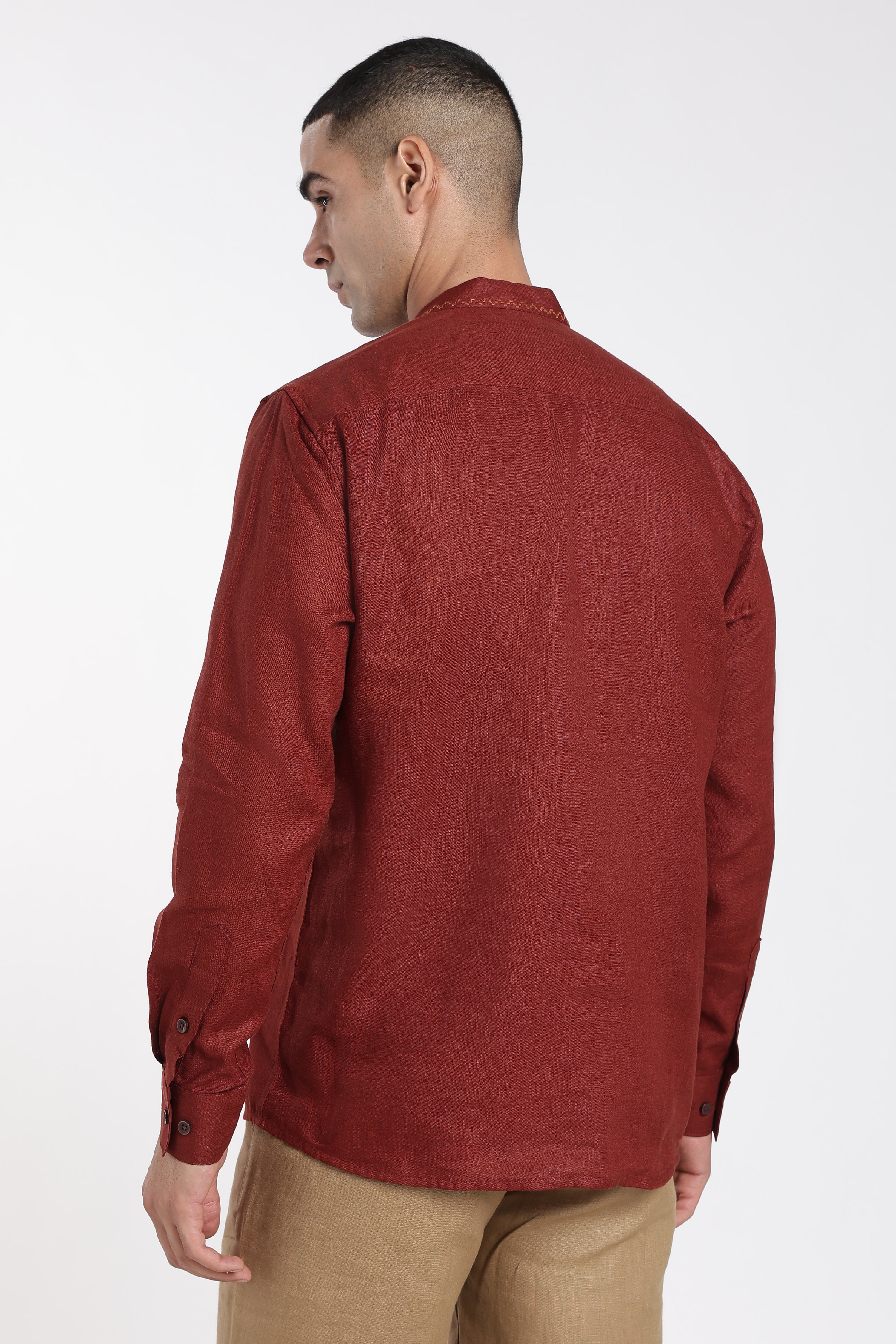Men’s Maroon Linen Half Placket Mandarin Collar Kurta | Linen Culture