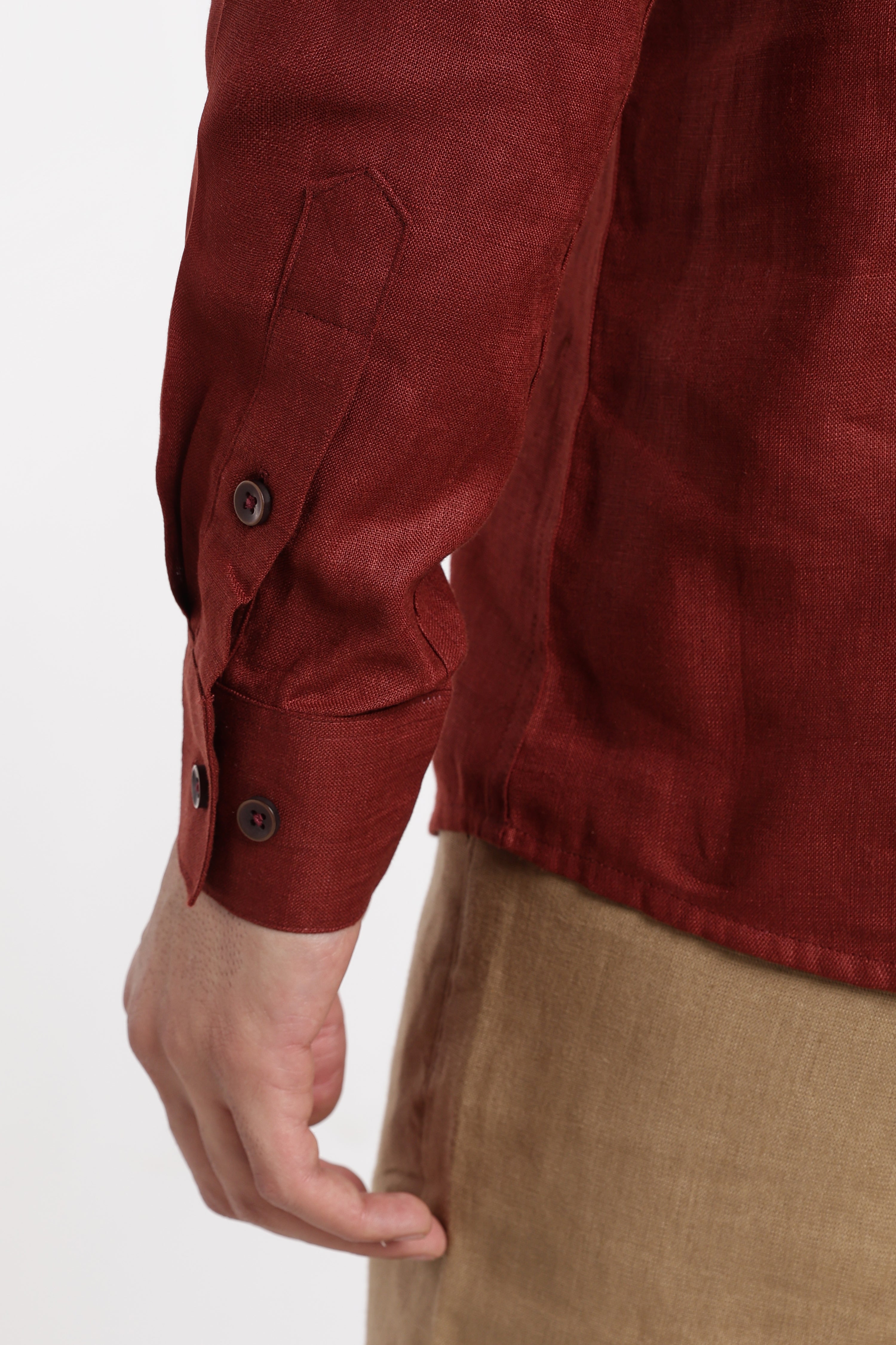 Men’s Maroon Linen Half Placket Mandarin Collar Kurta | Linen Culture