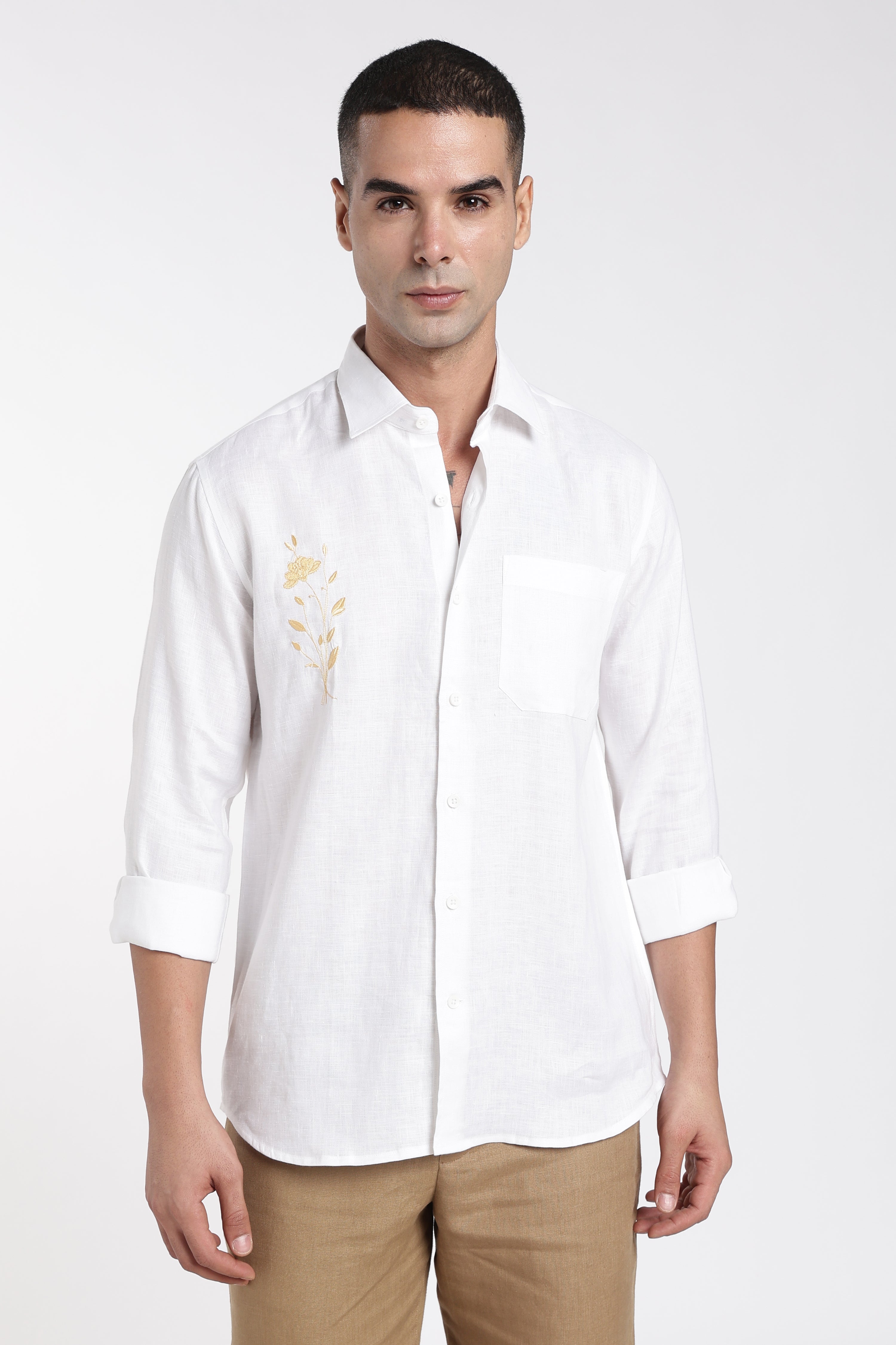 Men’s White Embroidered Linen Shirt with Minimal Floral Accent | Pure Linen Shirt