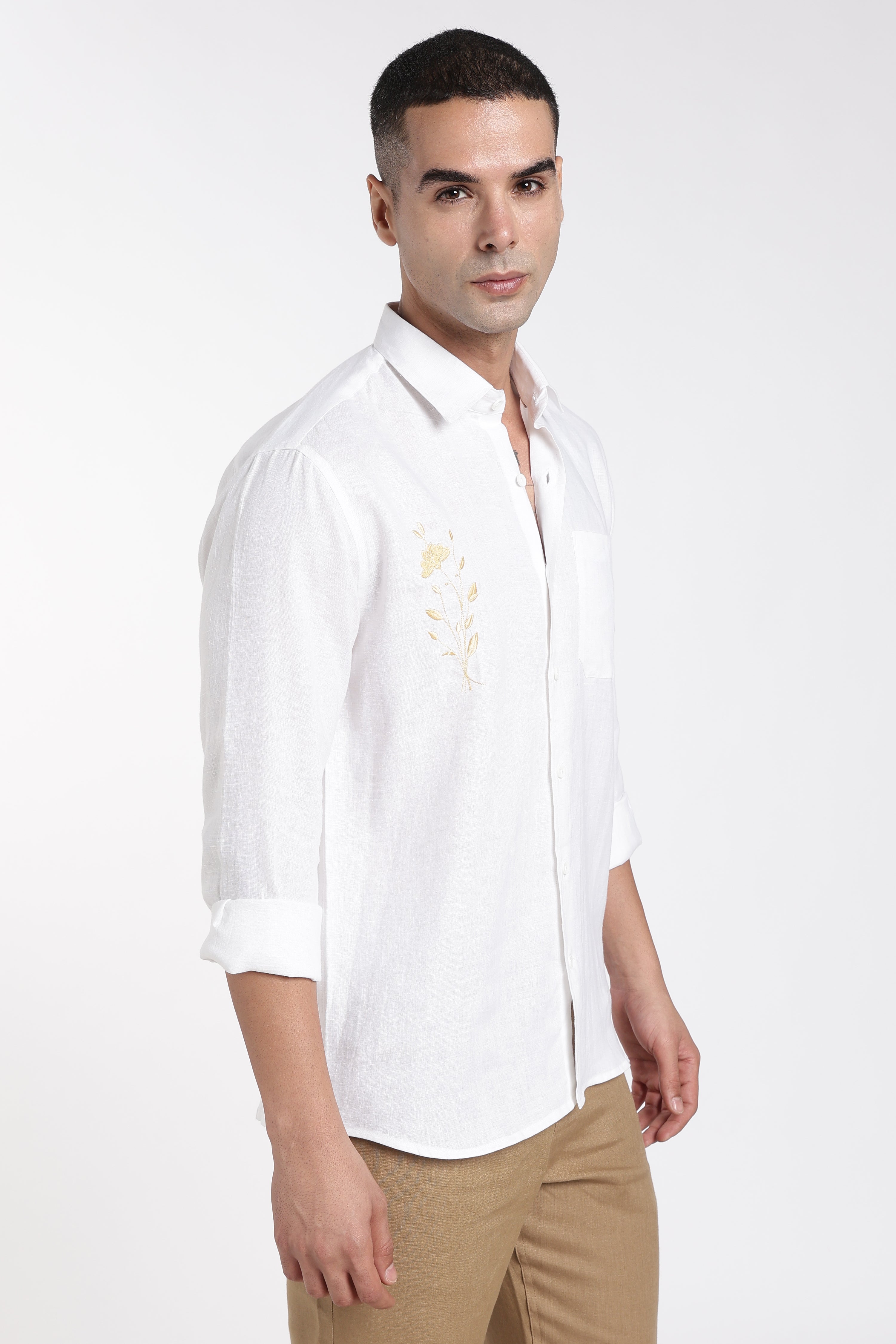 Men’s White Embroidered Linen Shirt with Minimal Floral Accent | Pure Linen Shirt