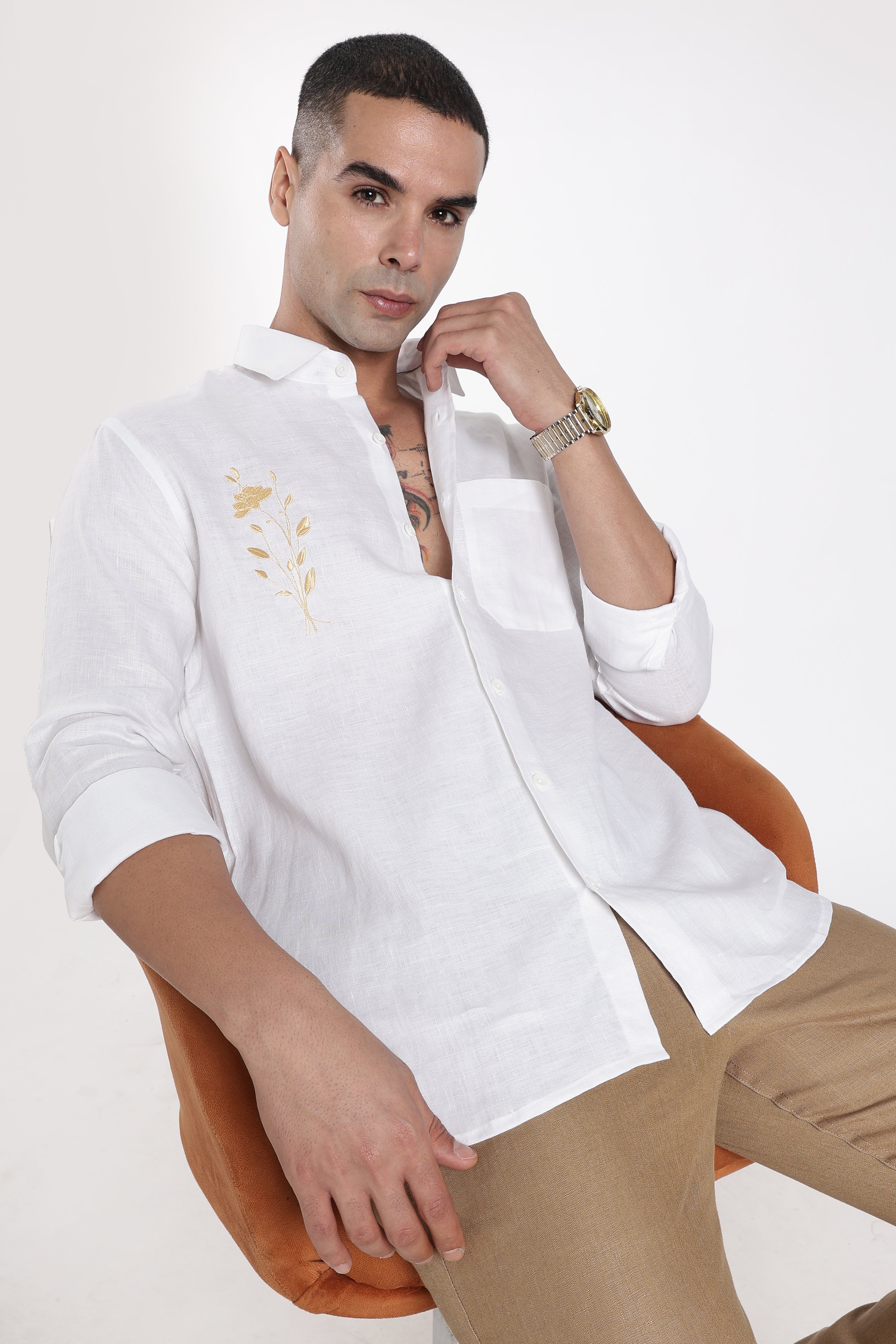 Men’s White Embroidered Linen Shirt with Minimal Floral Accent | Pure Linen Shirt