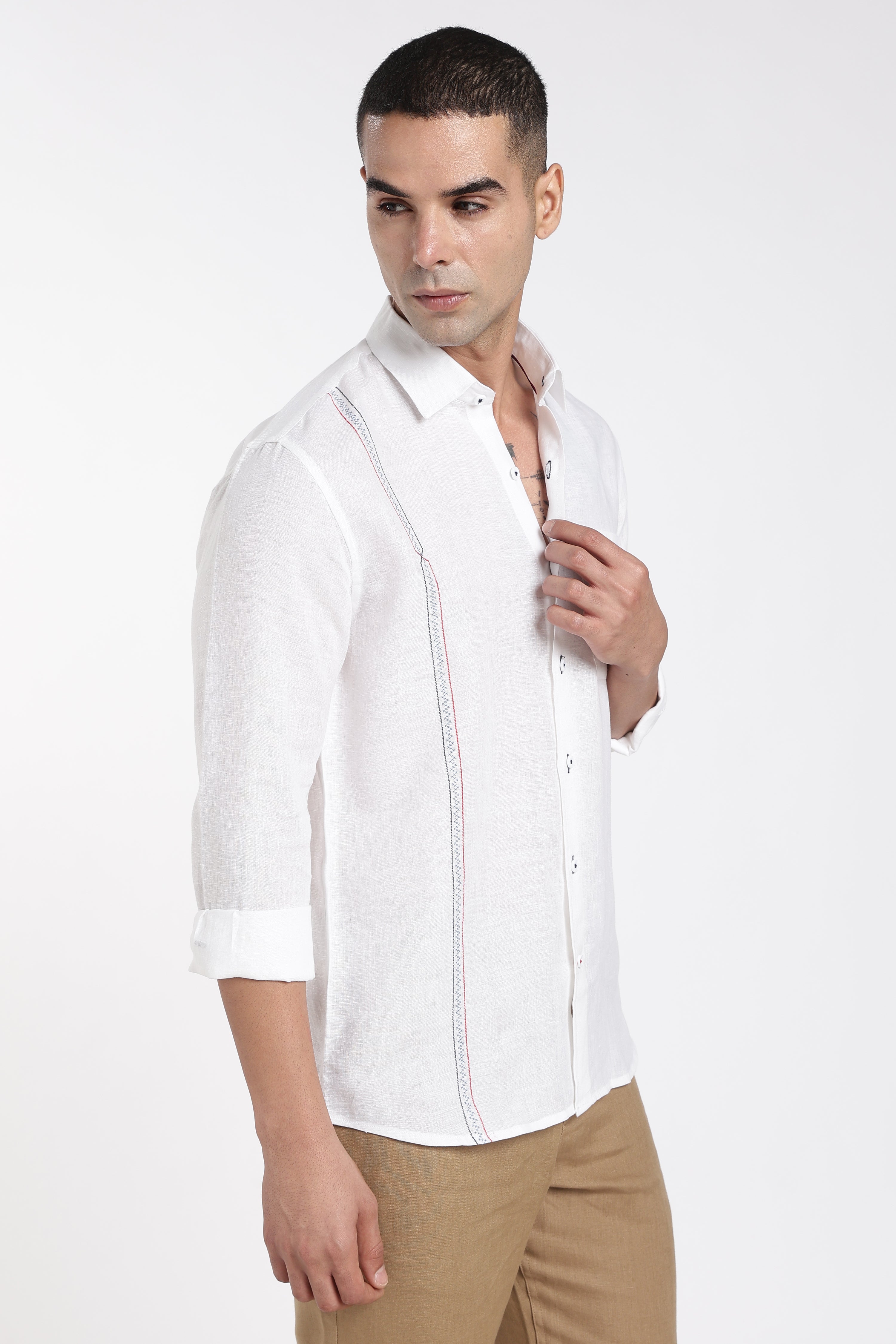 Men’s White Premium Linen Shirt with Stitch Detail | Designer Full Sleeve Linen Shirt