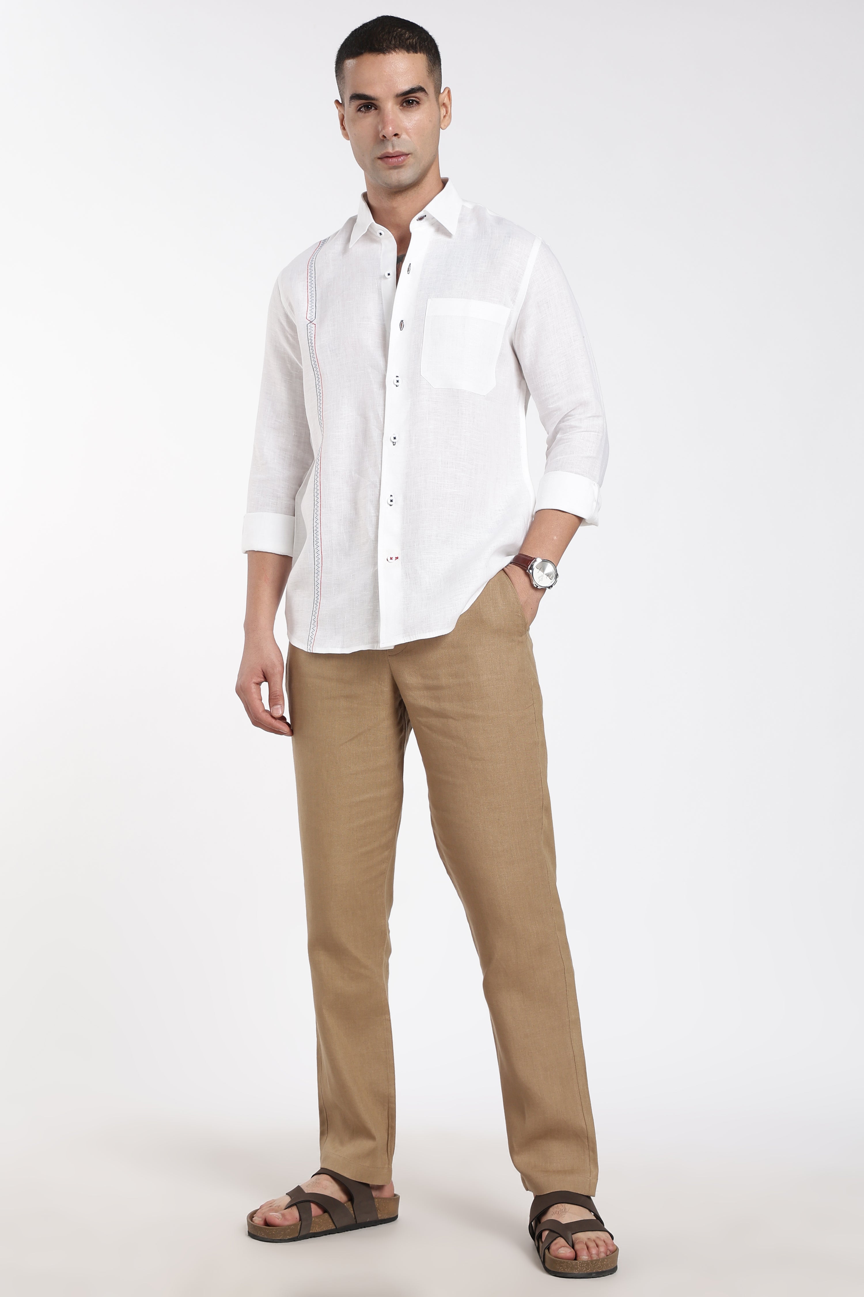 Men’s White Premium Linen Shirt with Stitch Detail | Designer Full Sleeve Linen Shirt