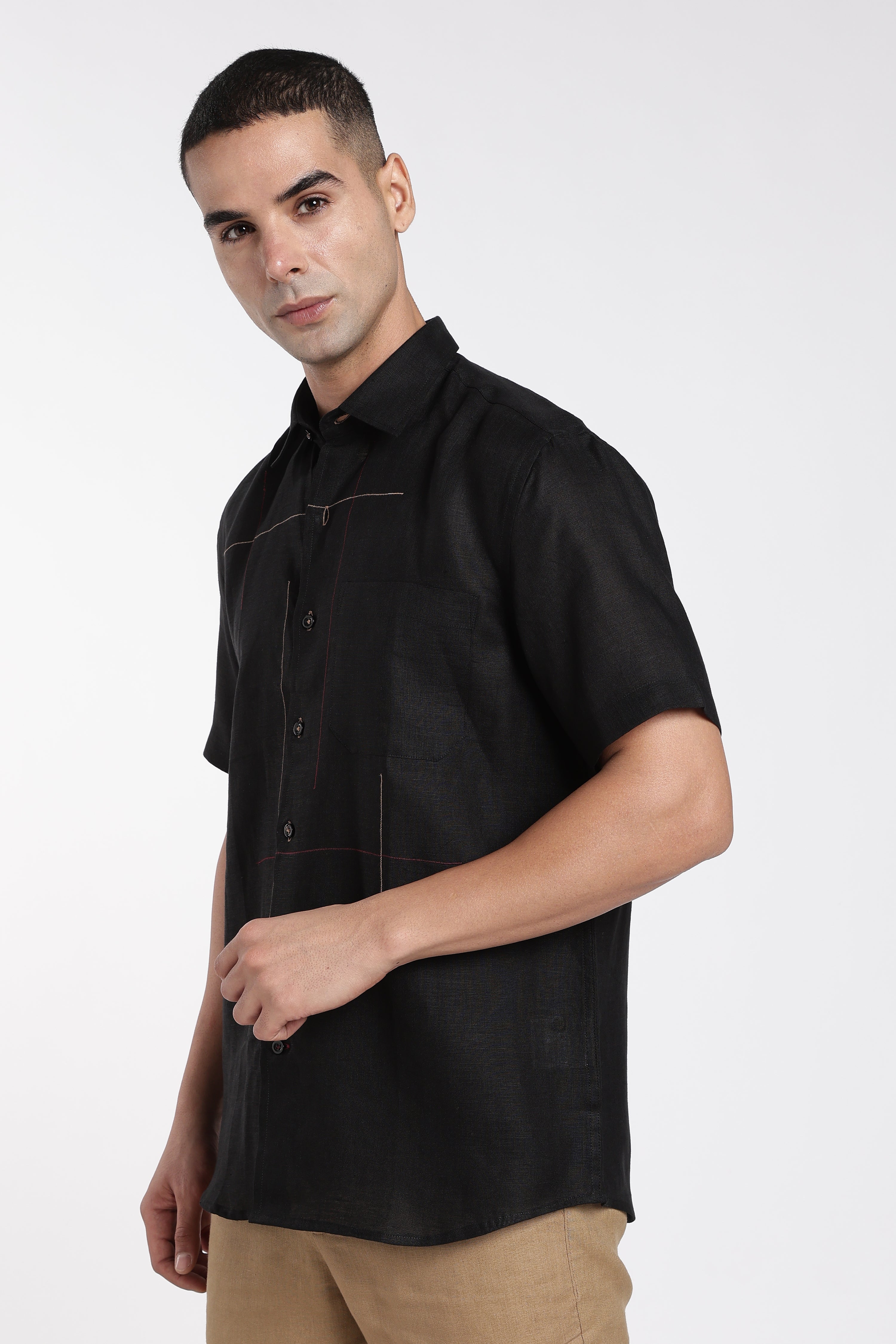 Men’s Black Artistic Linen Shirt with Abstract Stitch Detailing | Designer Linen Shirt