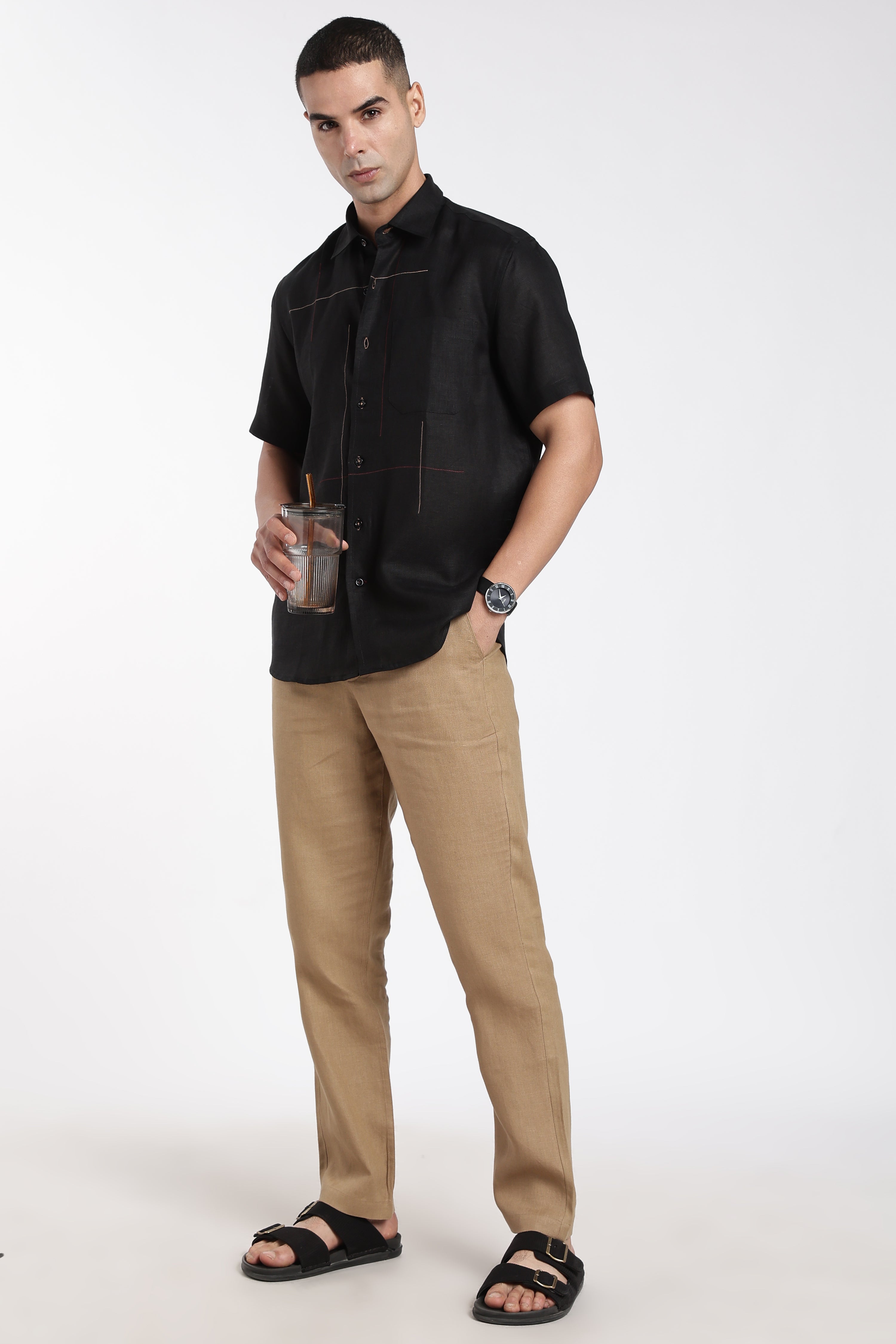 Men’s Black Artistic Linen Shirt with Abstract Stitch Detailing | Designer Linen Shirt