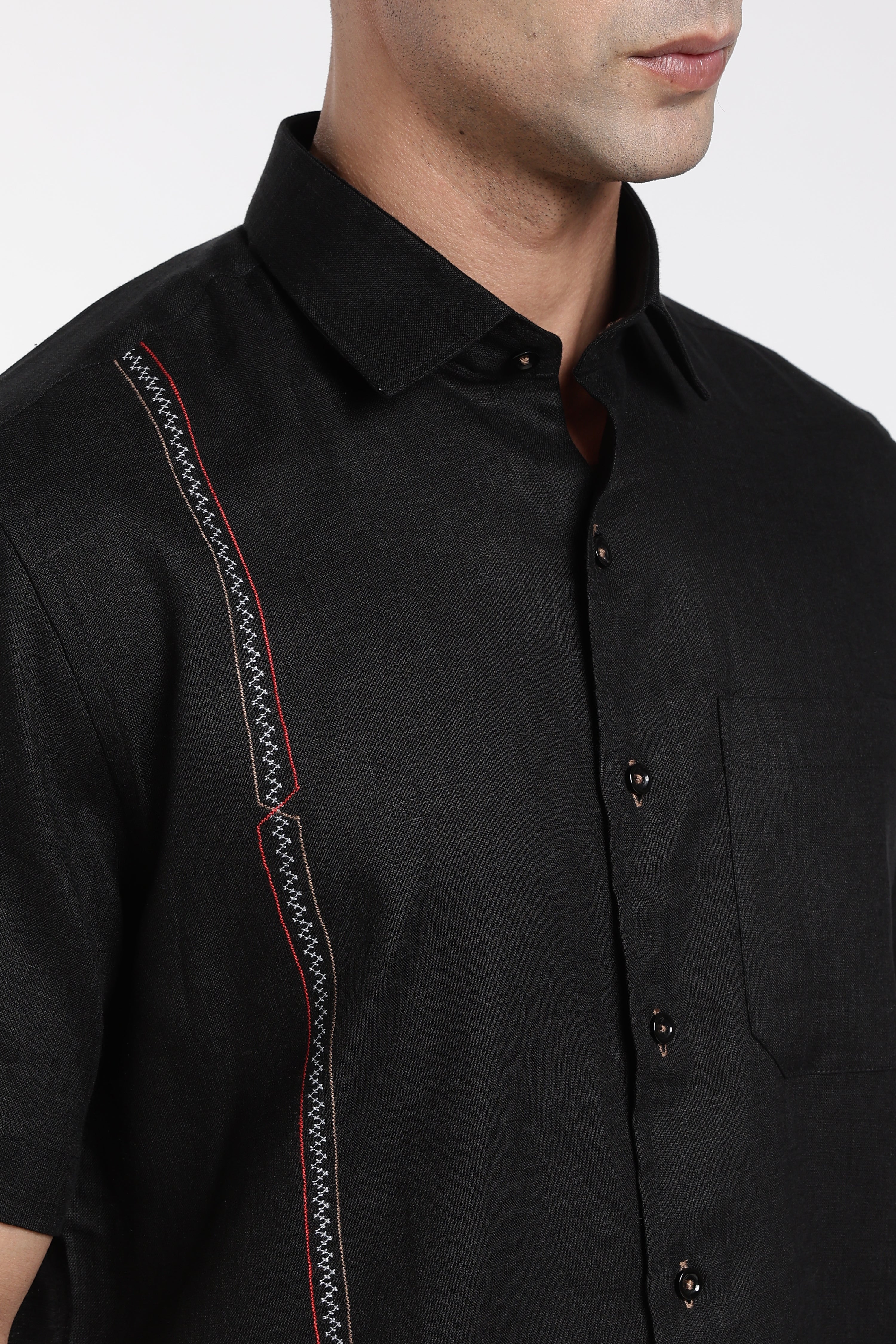 Men’s Premium Black Linen Shirt with Contrast Stitch Detailing | Designer Short Sleeve Shirt