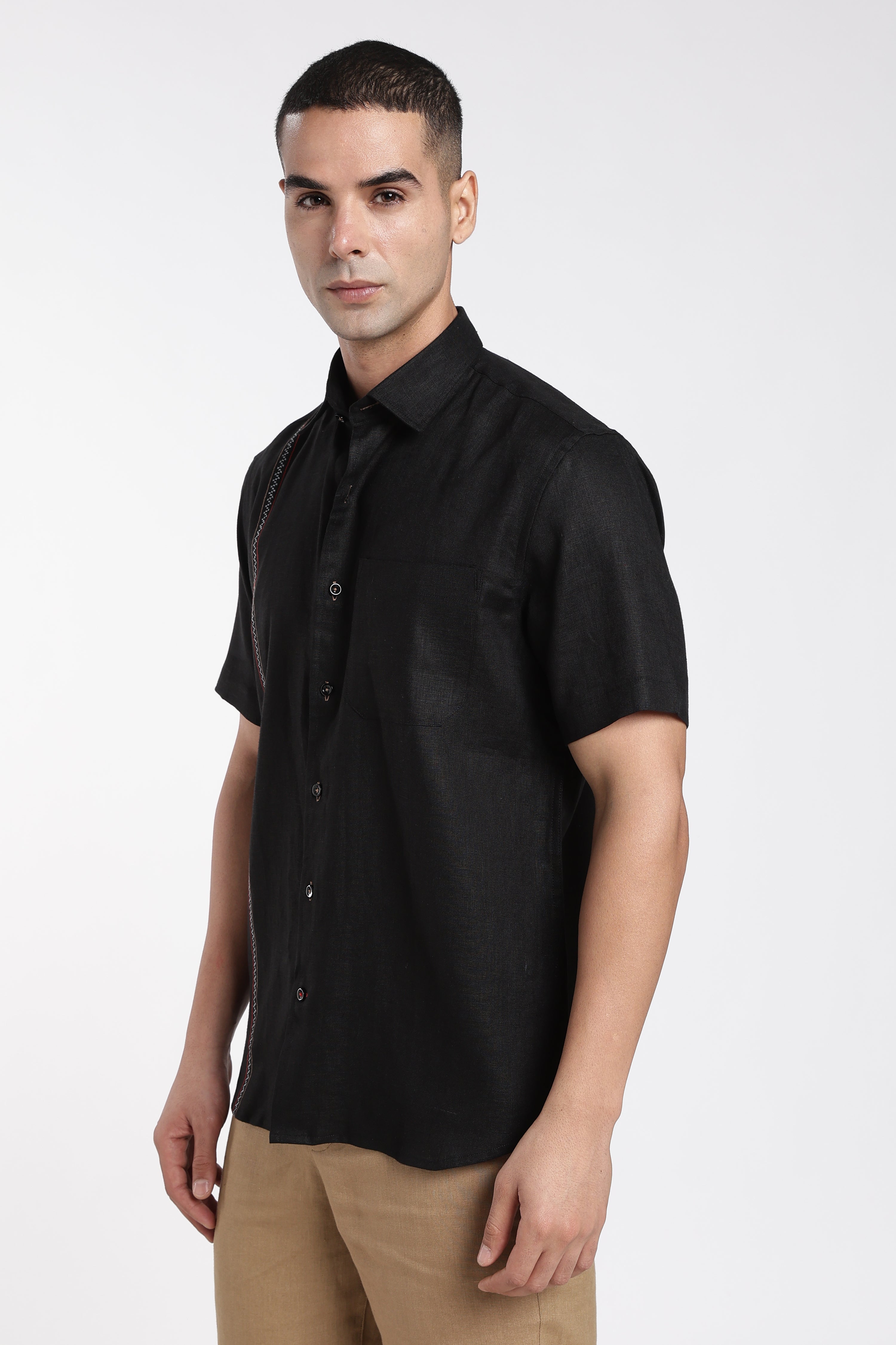 Men’s Premium Black Linen Shirt with Contrast Stitch Detailing | Designer Short Sleeve Shirt