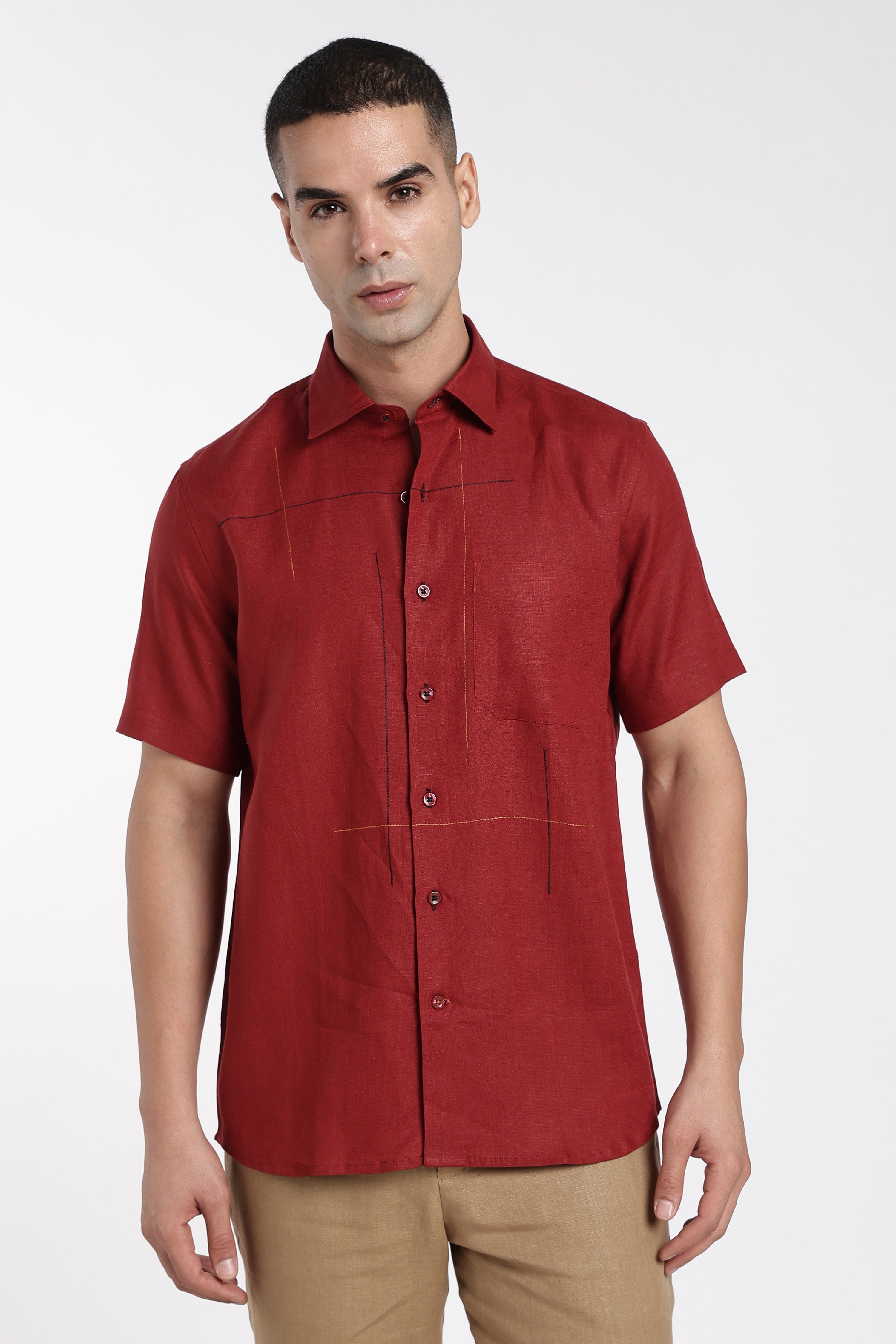 Men’s Premium Maroon Linen Shirt with Abstract Artistic Stitch Detailing | Designer Short Sleeve Linen Shirt