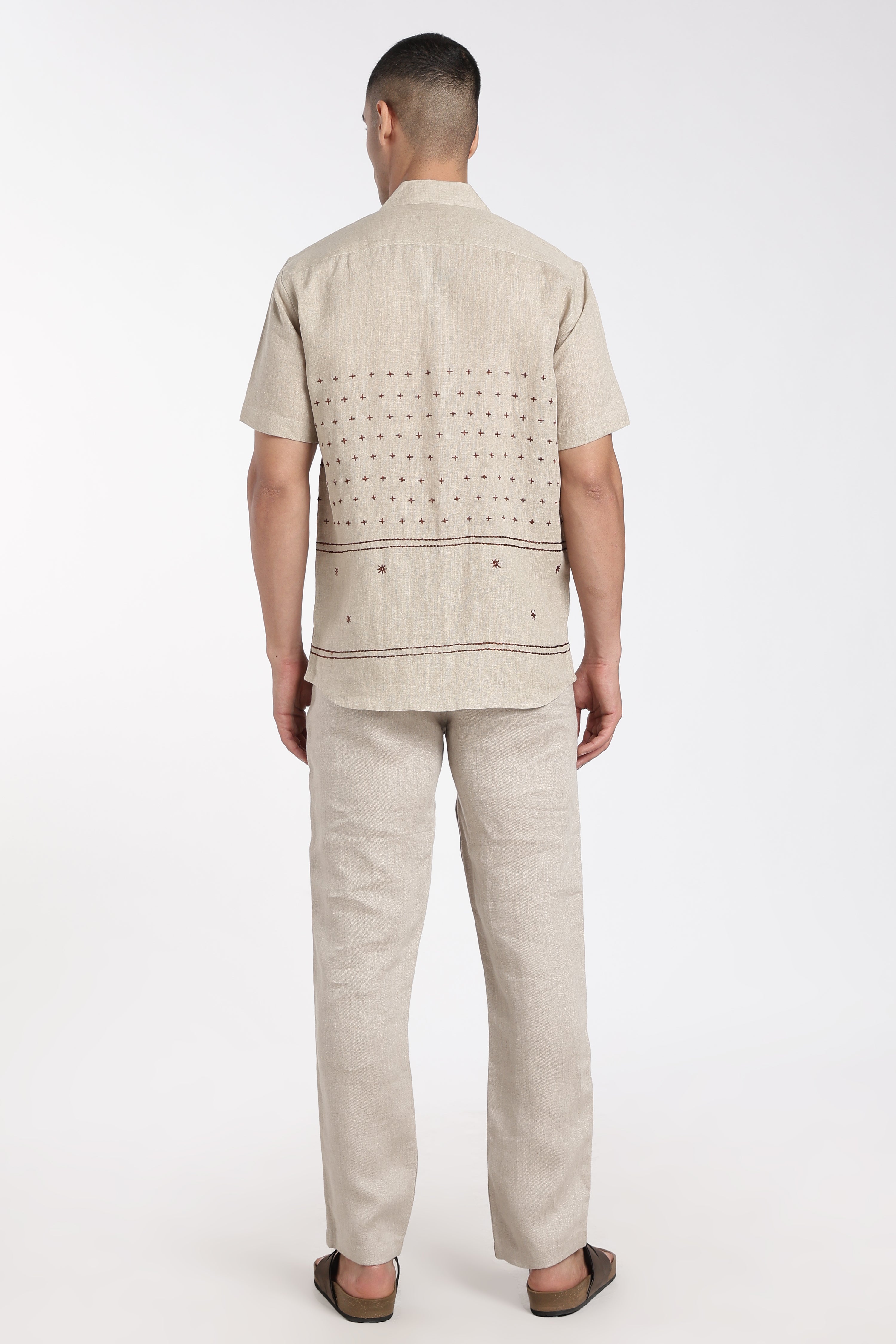 Men’s Premium Beige Linen Embroidered Co-Ord Set | Designer Resort Wear