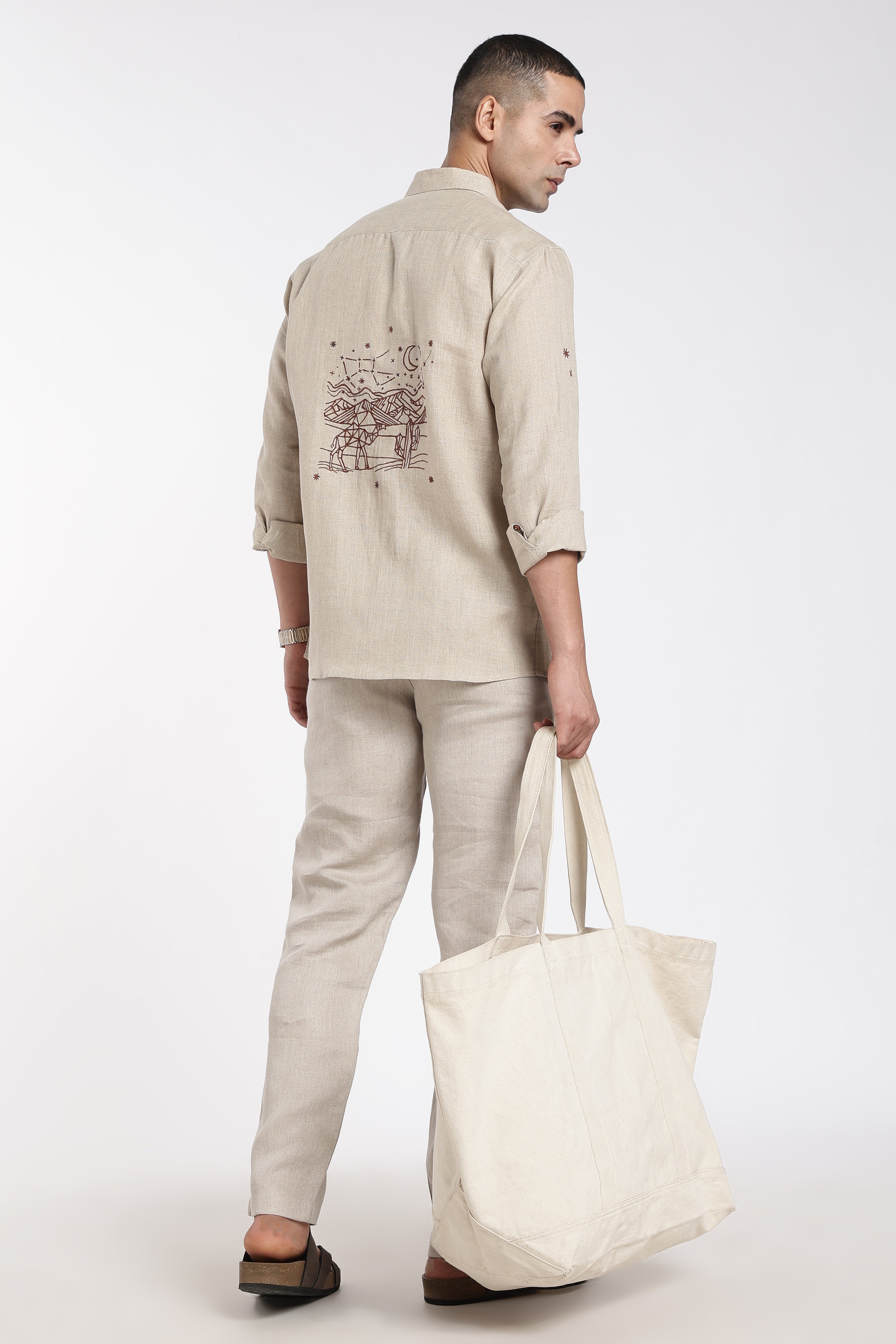 Beige Embroidered Linen Co-ord Set for Men