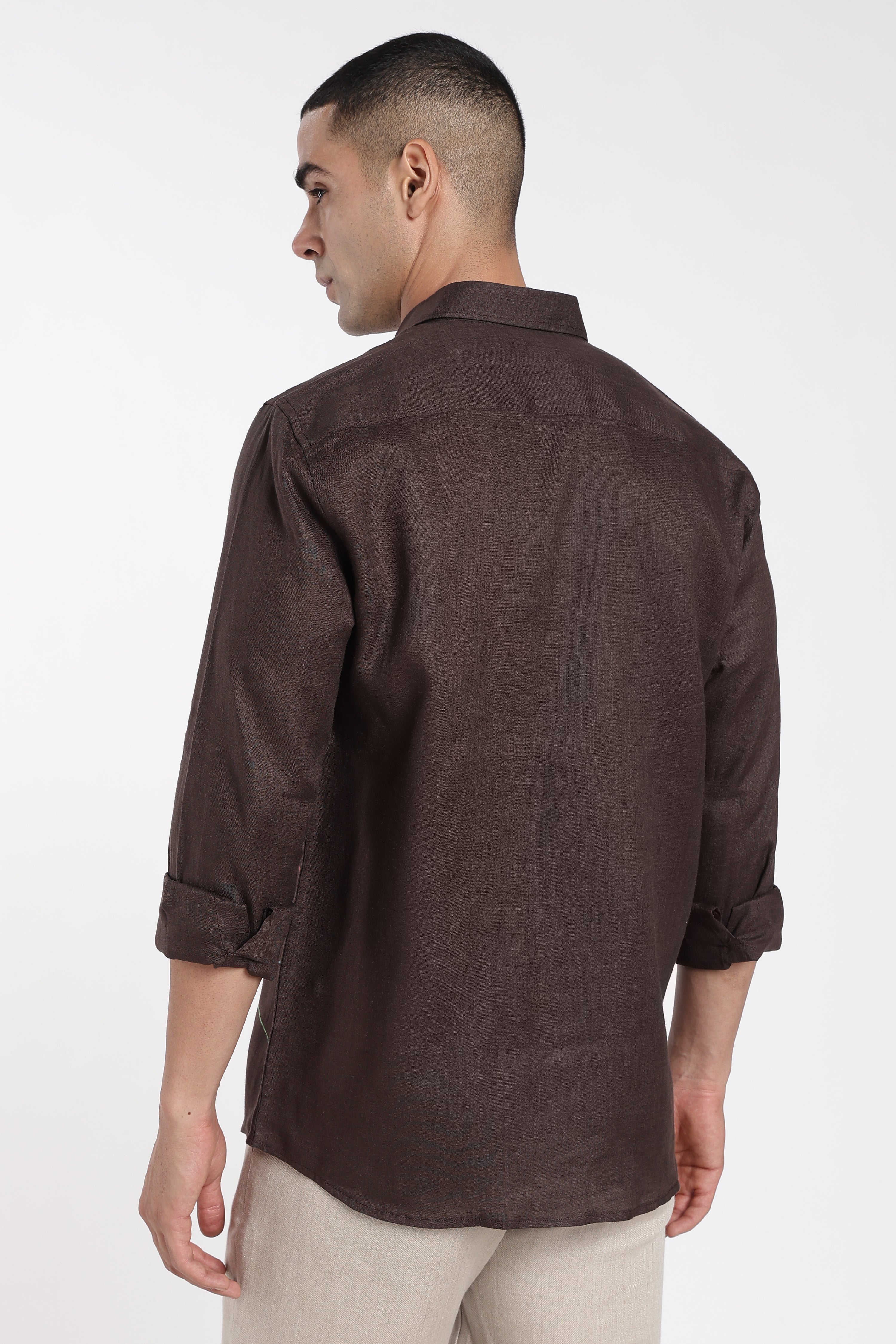 Men’s Premium Mocha Brown Linen Shirt with Artistic Multicolor Line Detailing