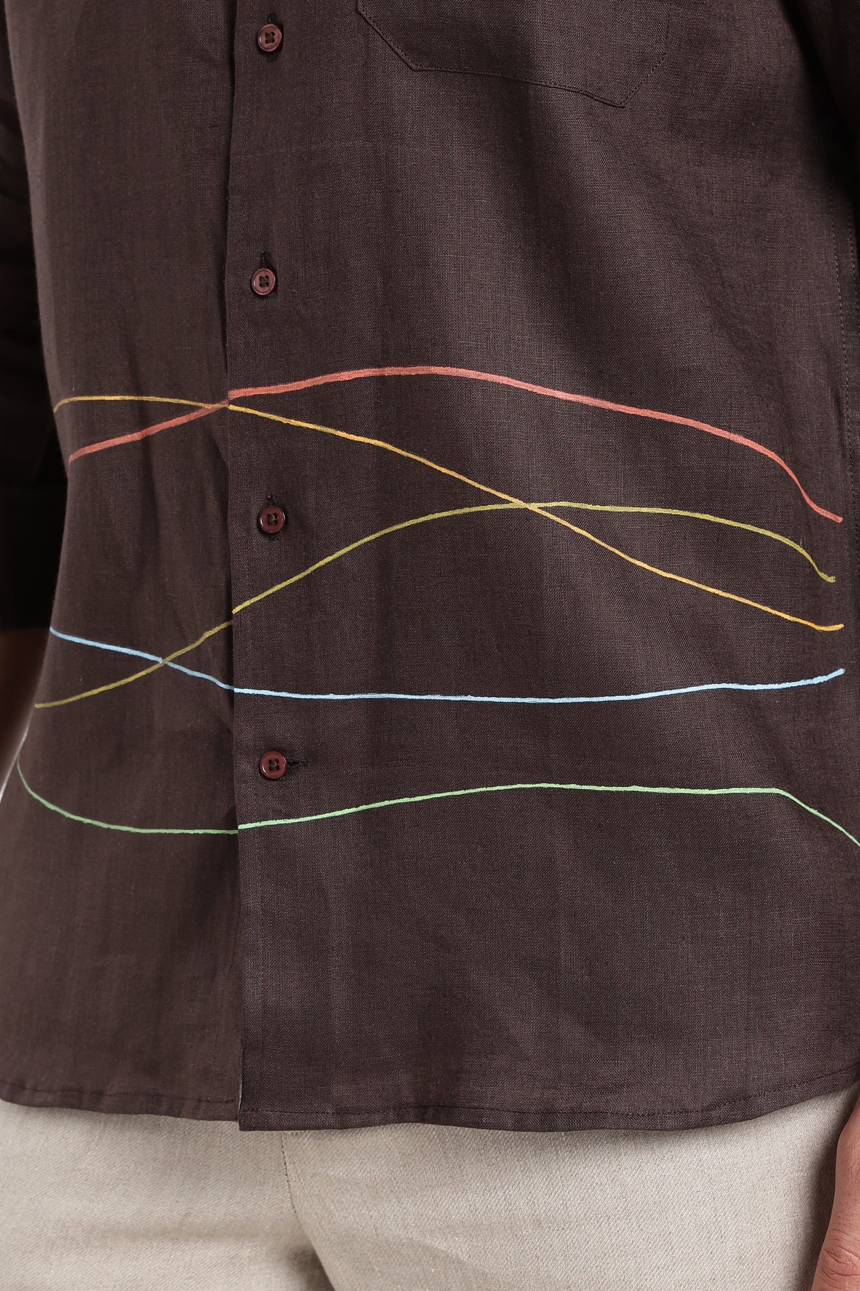 Men’s Premium Mocha Brown Linen Shirt with Artistic Multicolor Line Detailing