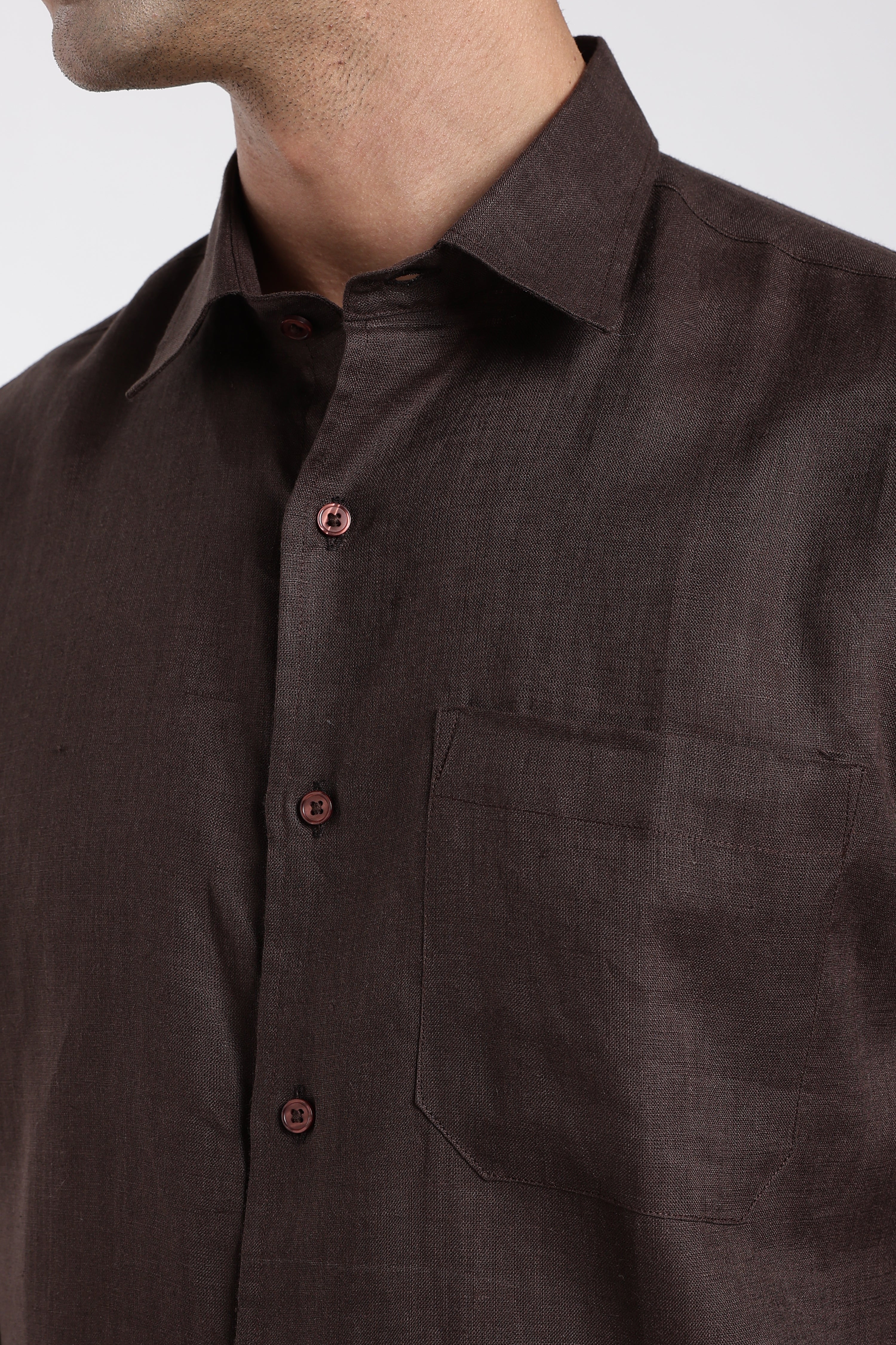 Men’s Premium Mocha Brown Linen Shirt with Artistic Multicolor Line Detailing