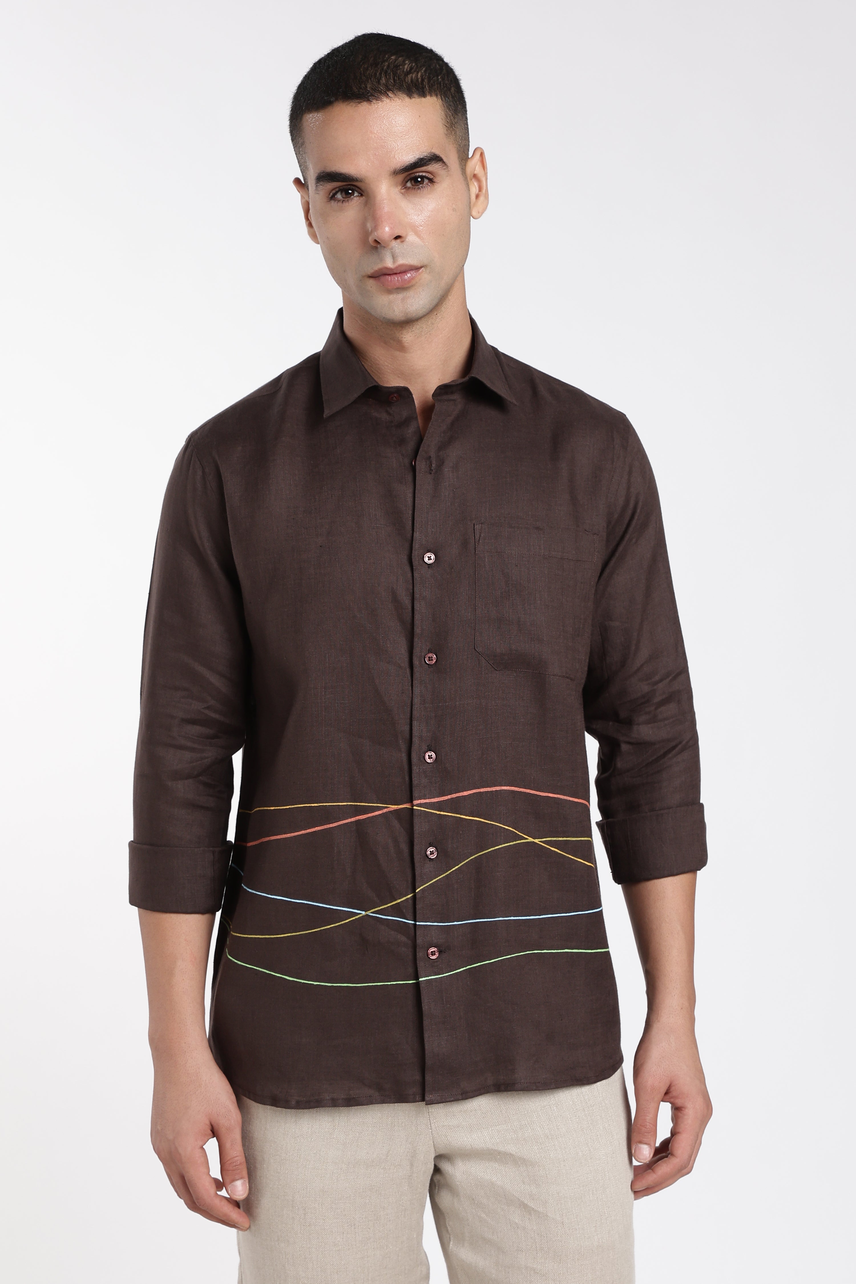 Men’s Premium Mocha Brown Linen Shirt with Artistic Multicolor Line Detailing
