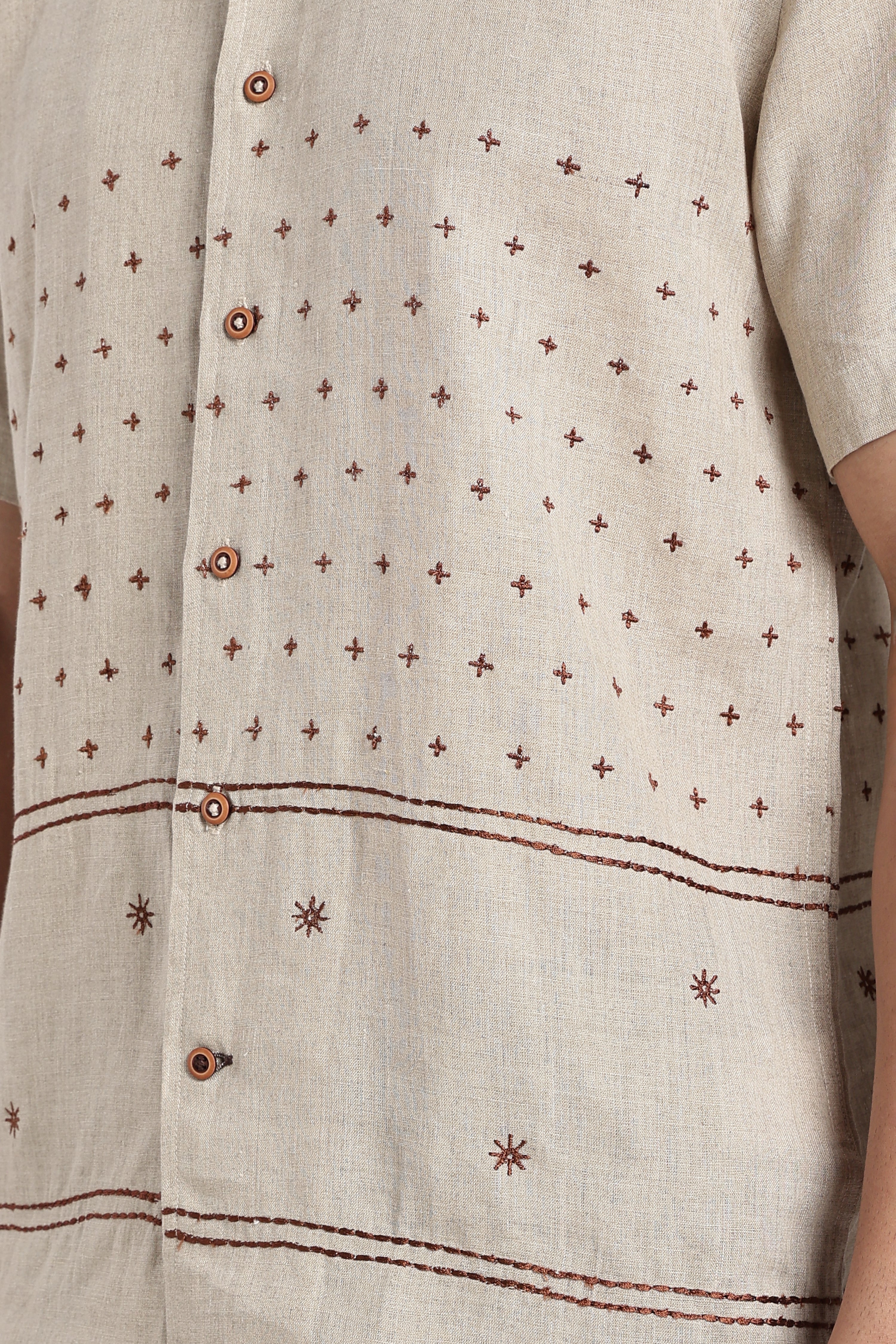 Men’s Premium Linen Cuban Collar Embroidered Shirt – Sand Beige