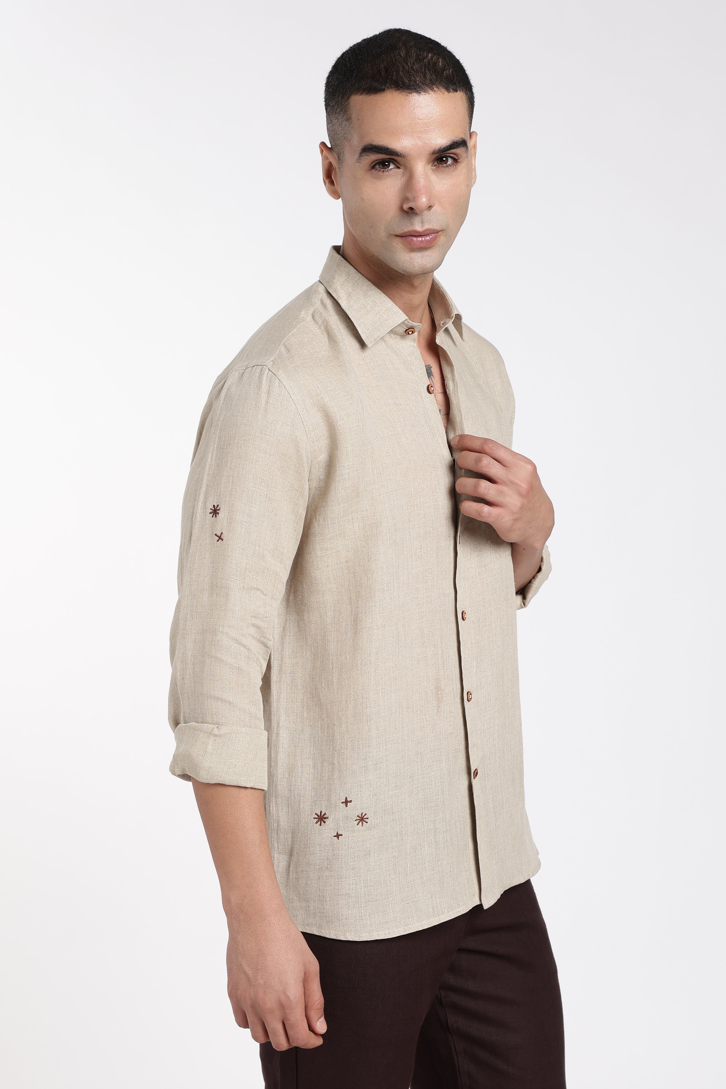 Men’s Premium Linen Embroidered Shirt – Desert Caravan Edition