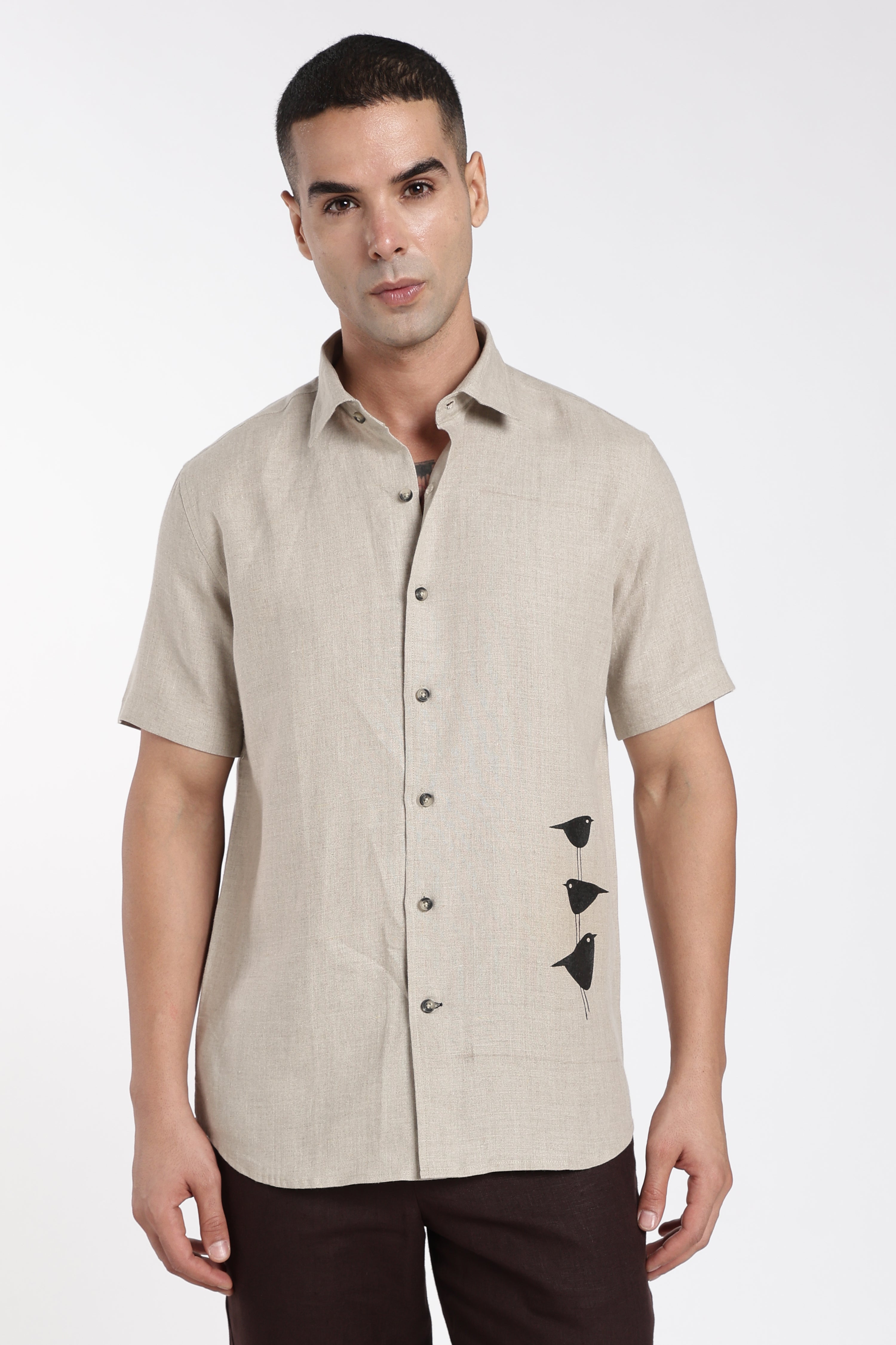 Men’s Hand-Painted Premium Linen Shirt – Minimal Bird Art in Natural Beige | Linen Culture