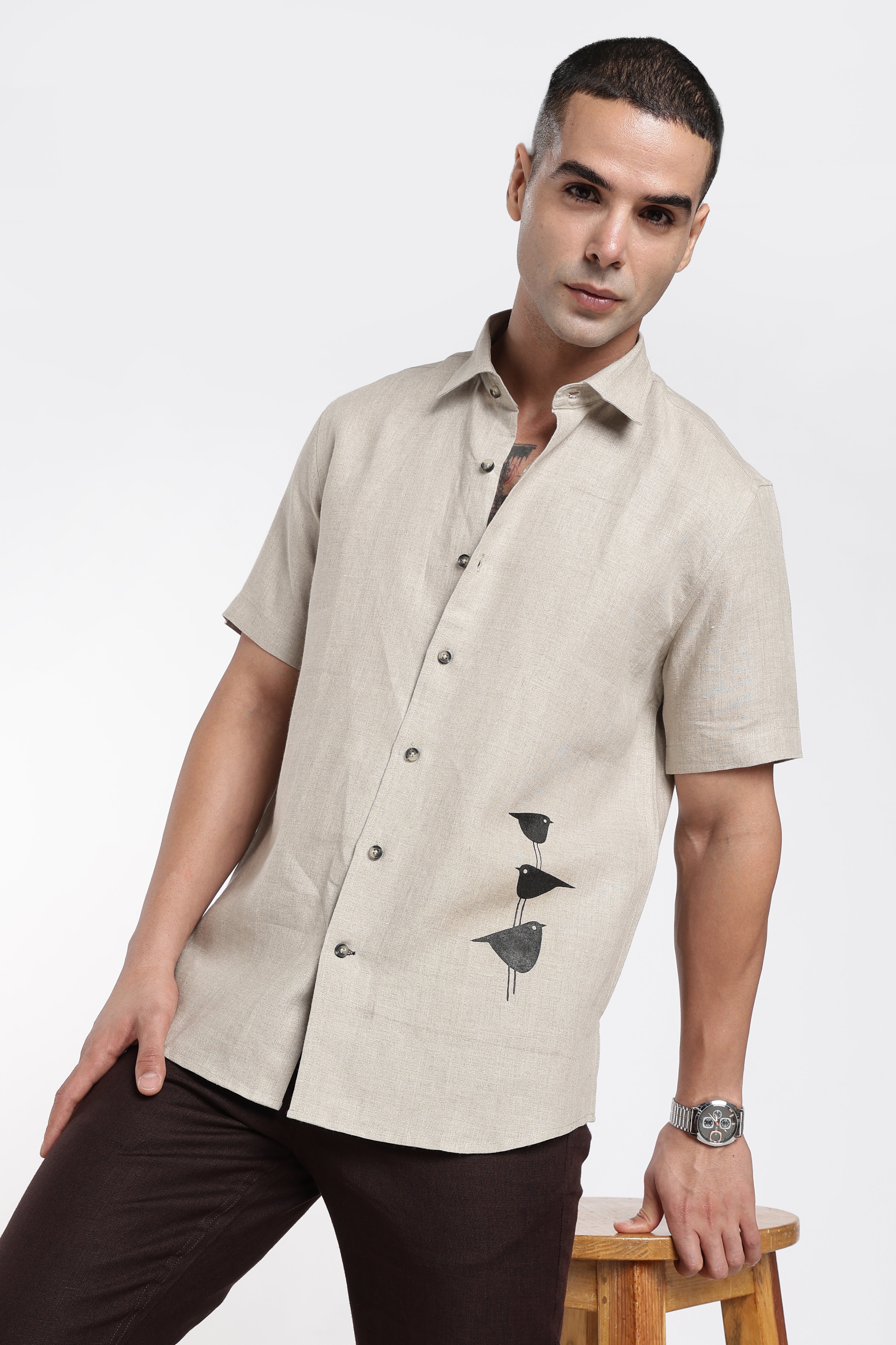 Men’s Hand-Painted Premium Linen Shirt – Minimal Bird Art in Natural Beige | Linen Culture