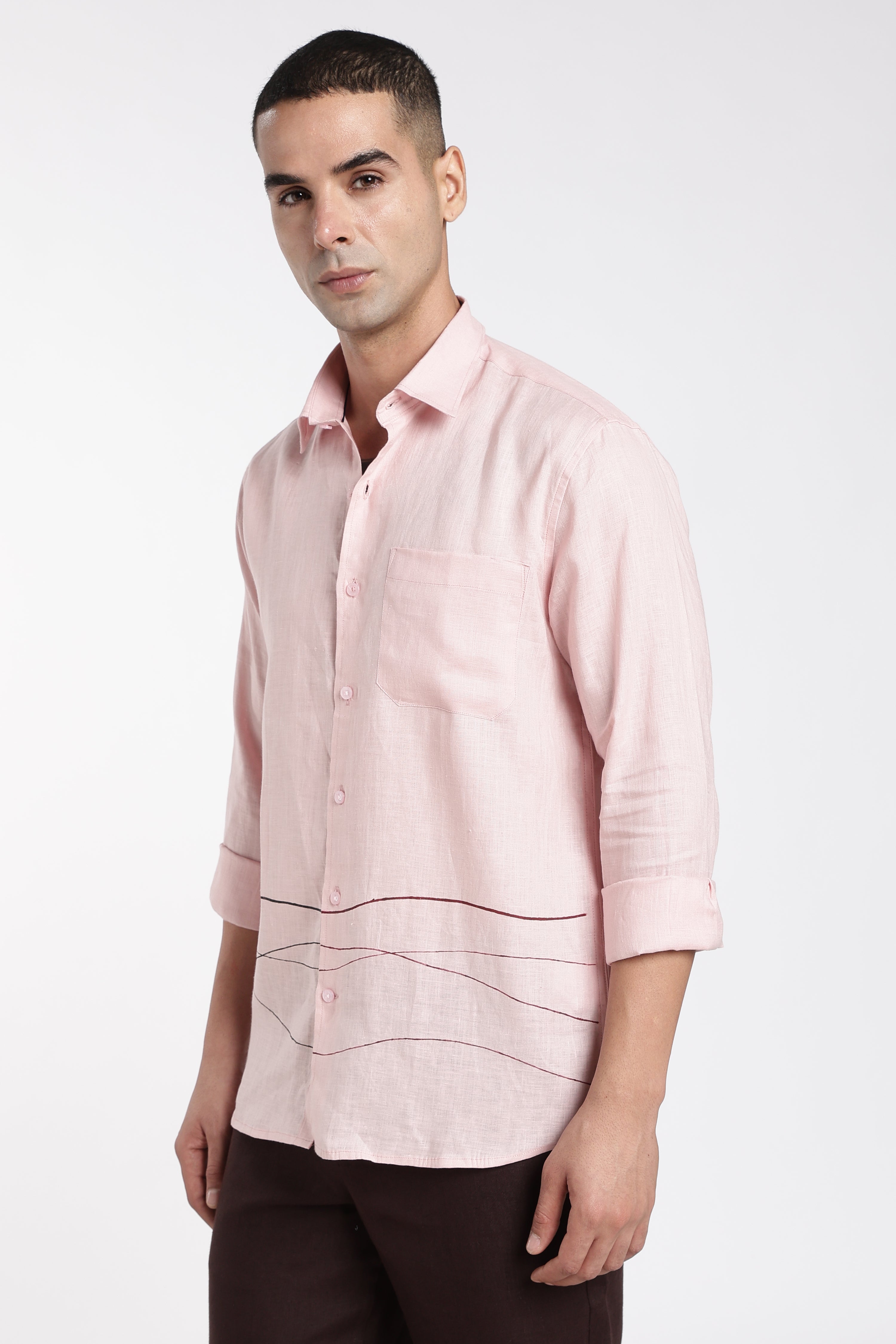 Men’s Hand-Painted Premium Linen Shirt – Abstract Line Art Pink