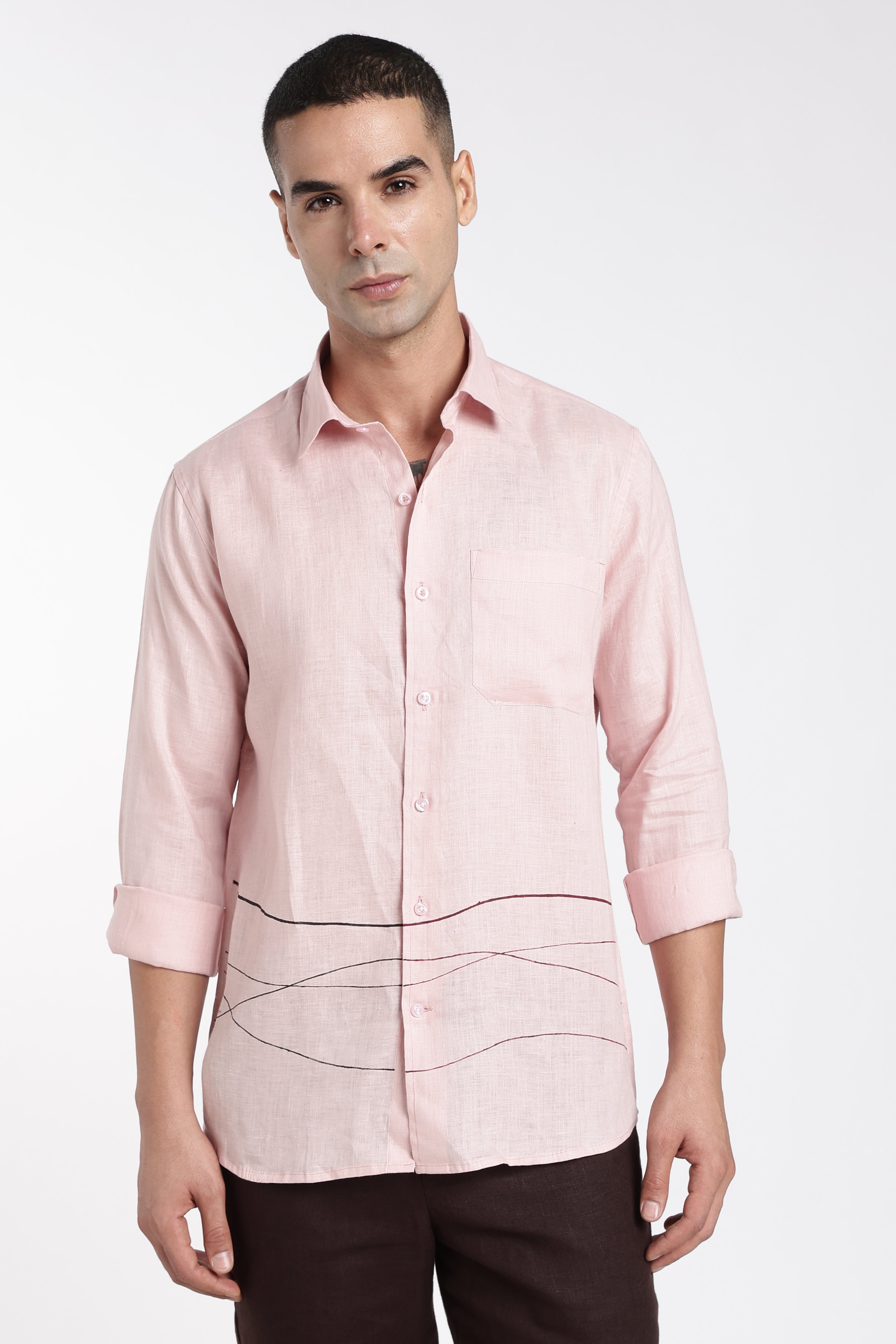 Men’s Hand-Painted Premium Linen Shirt – Abstract Line Art Pink