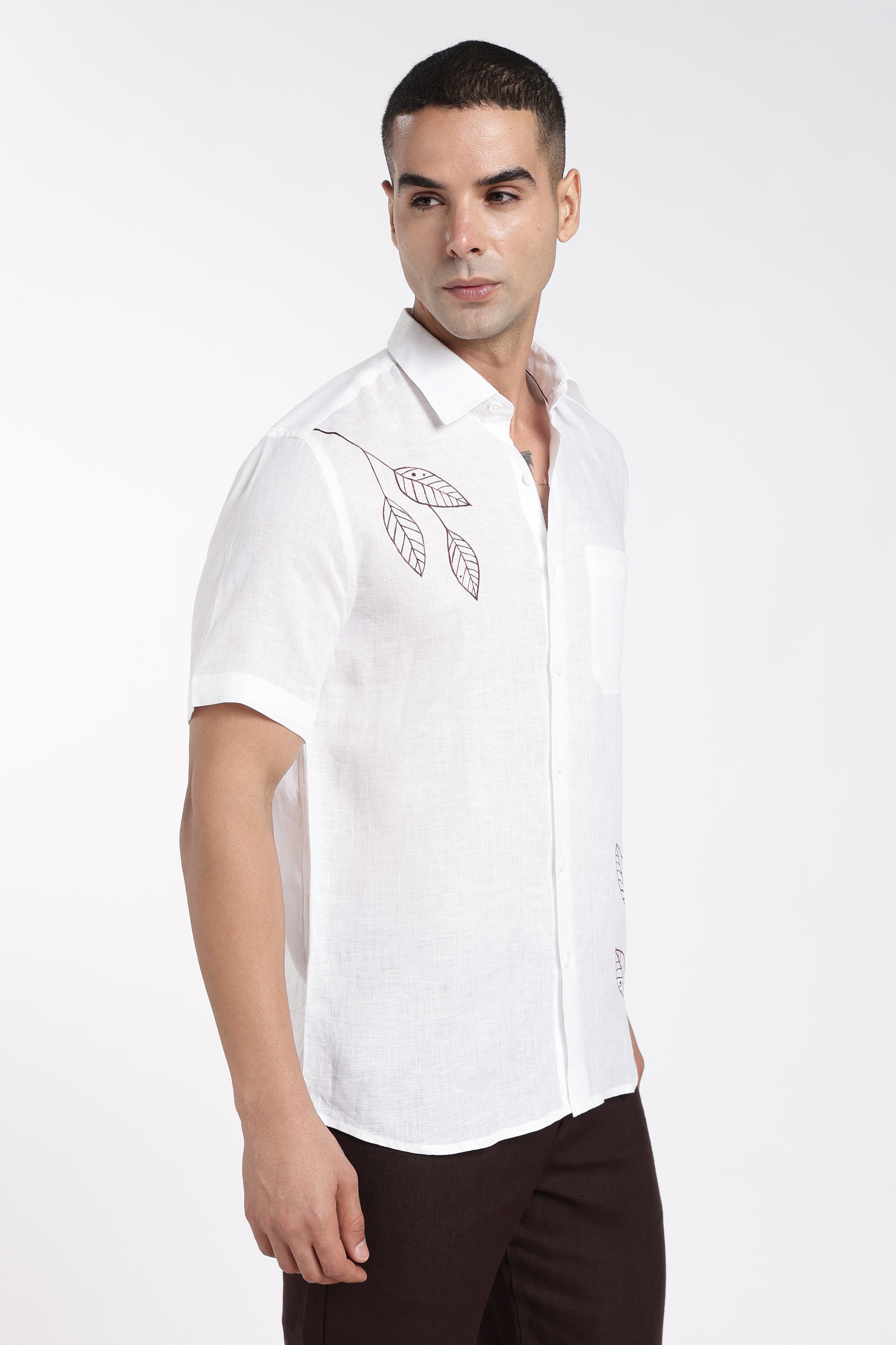 Men’s Hand-Painted White Linen Shirt – Botanical Art Edition | Linen Culture