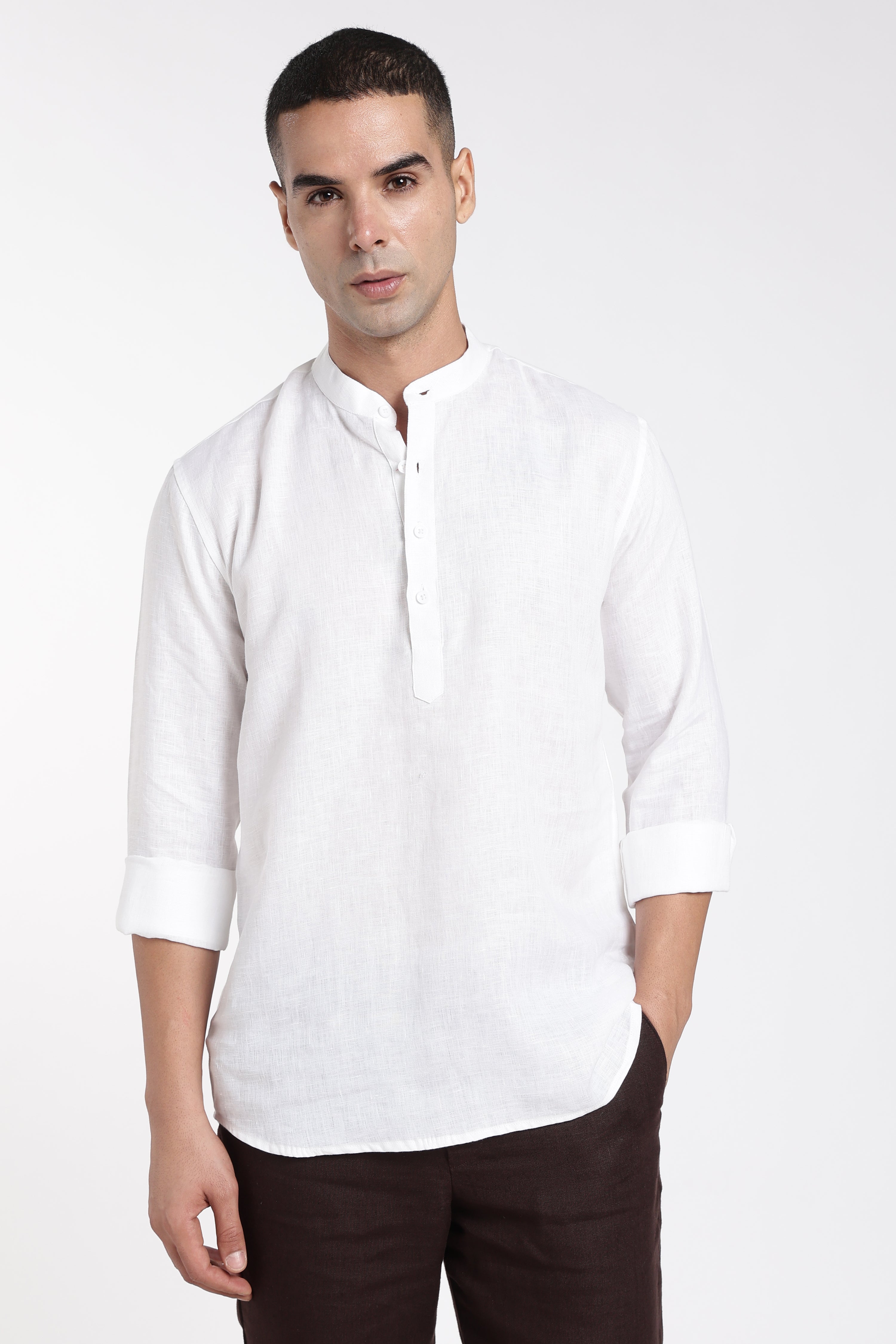 Premium Men’s White Linen Mandarin Collar Kurta | Linen Culture