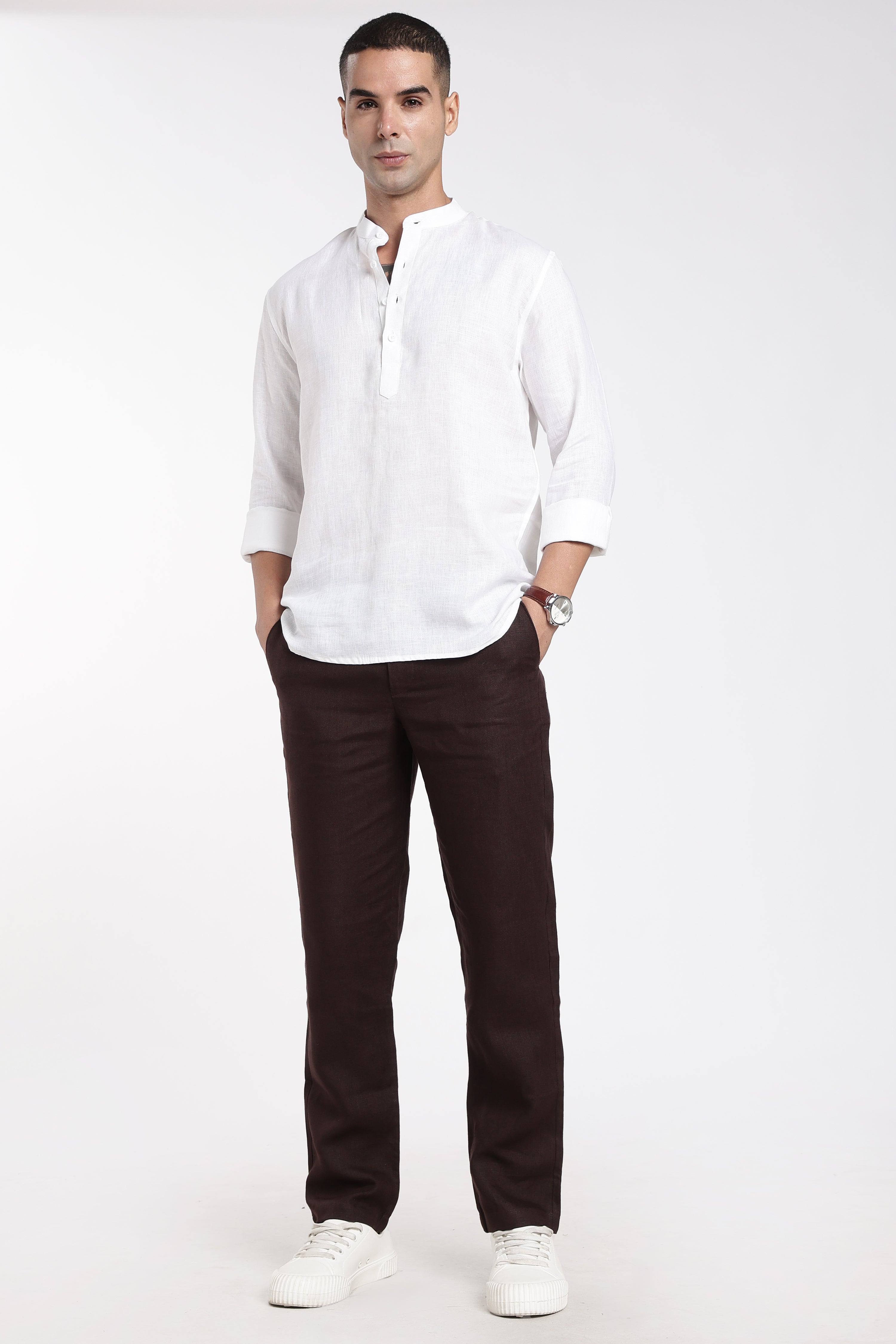 Premium Men’s White Linen Mandarin Collar Kurta | Linen Culture