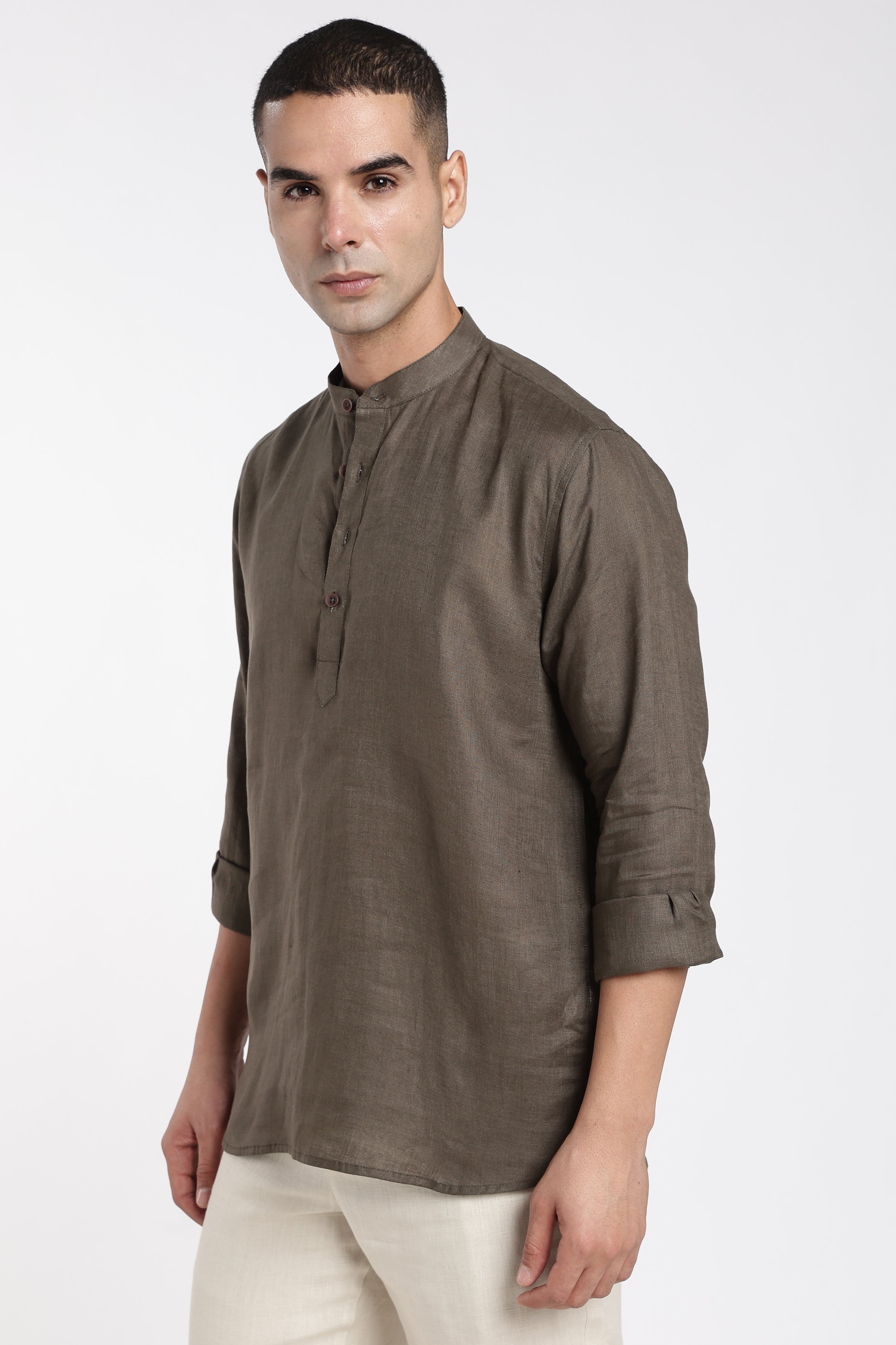 Men’s Dark Olive Linen Mandarin Collar Kurta | Linen Culture