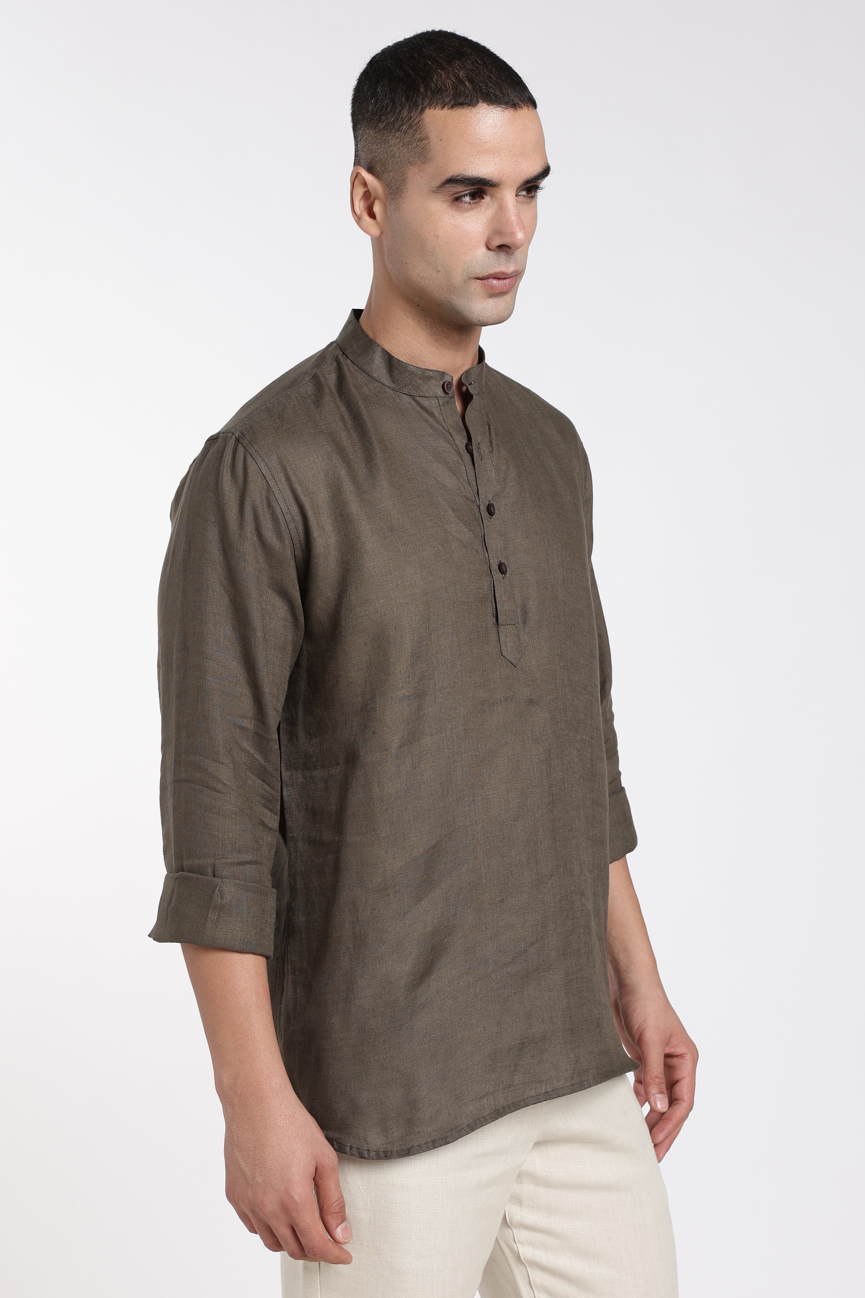 Men’s Dark Olive Linen Mandarin Collar Kurta | Linen Culture