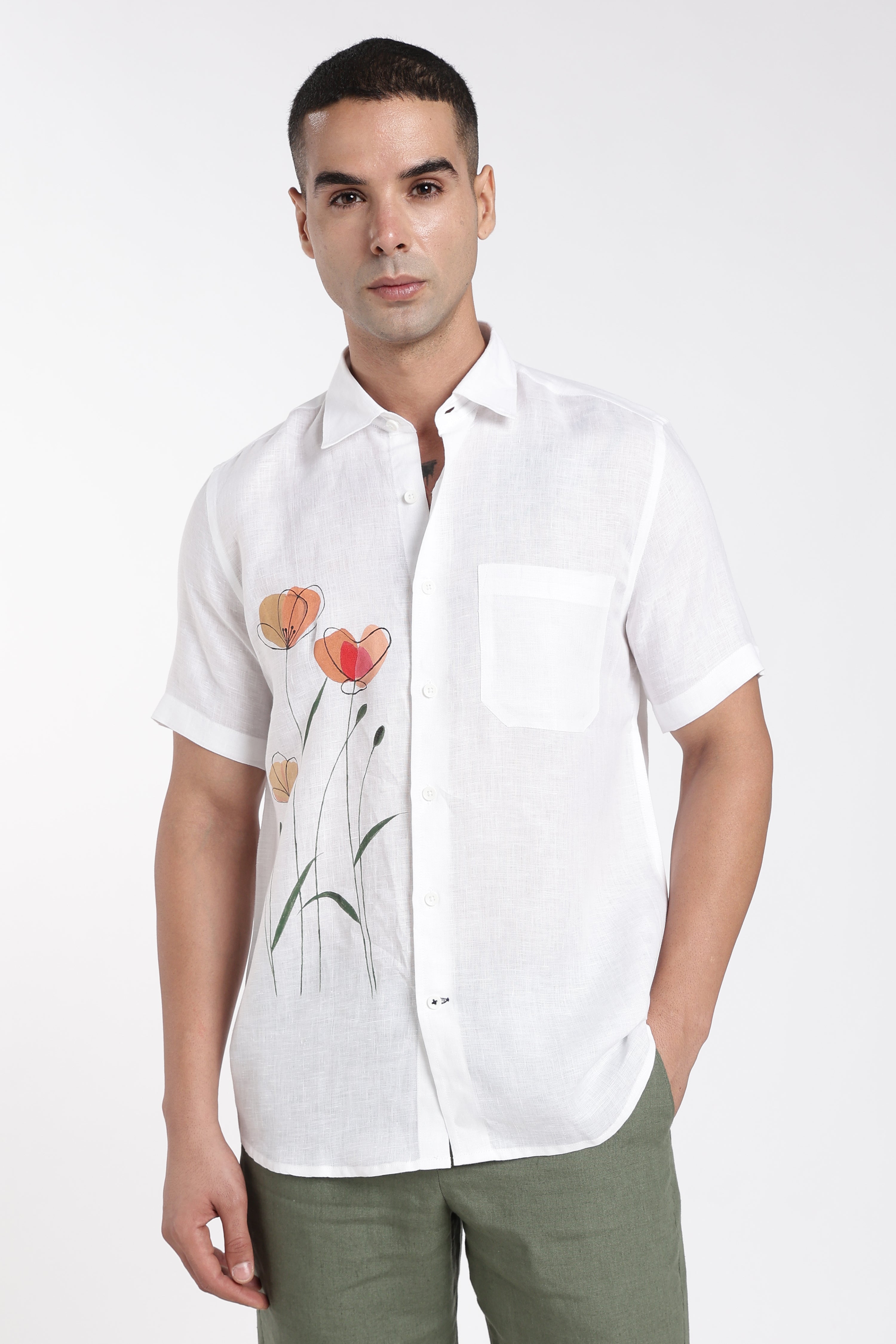 Men’s Hand-Painted White Linen Shirt – Floral Art Edition | Linen Culture