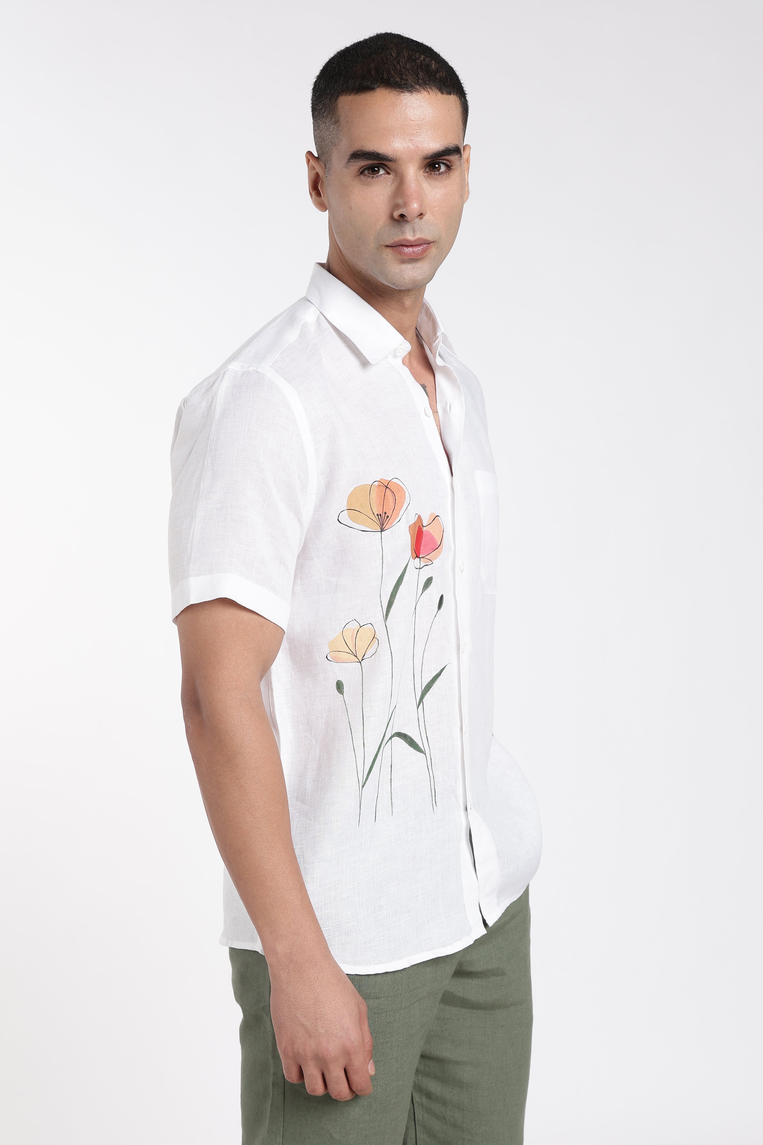 Men’s Hand-Painted White Linen Shirt – Floral Art Edition | Linen Culture