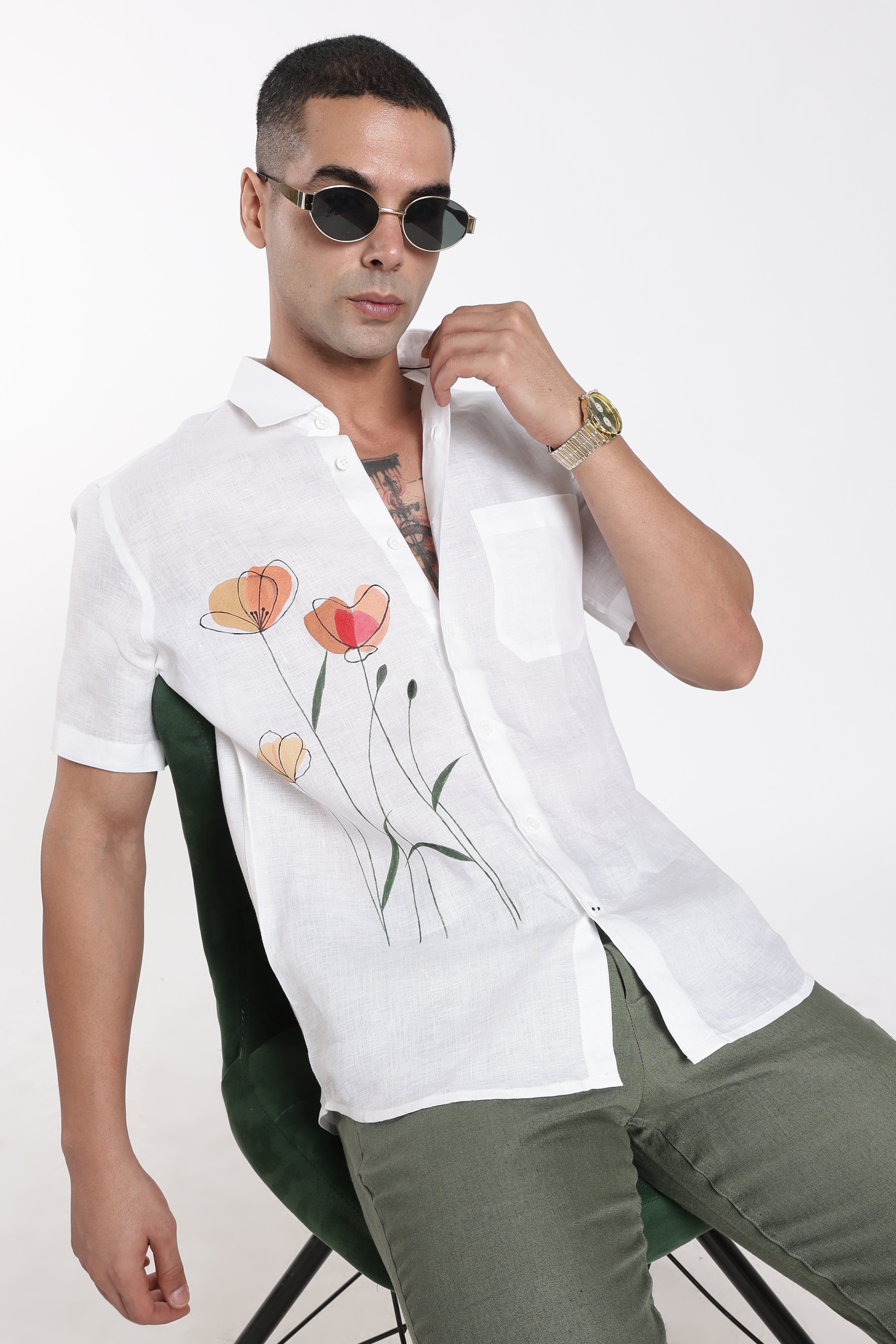 Men’s Hand-Painted White Linen Shirt – Floral Art Edition | Linen Culture