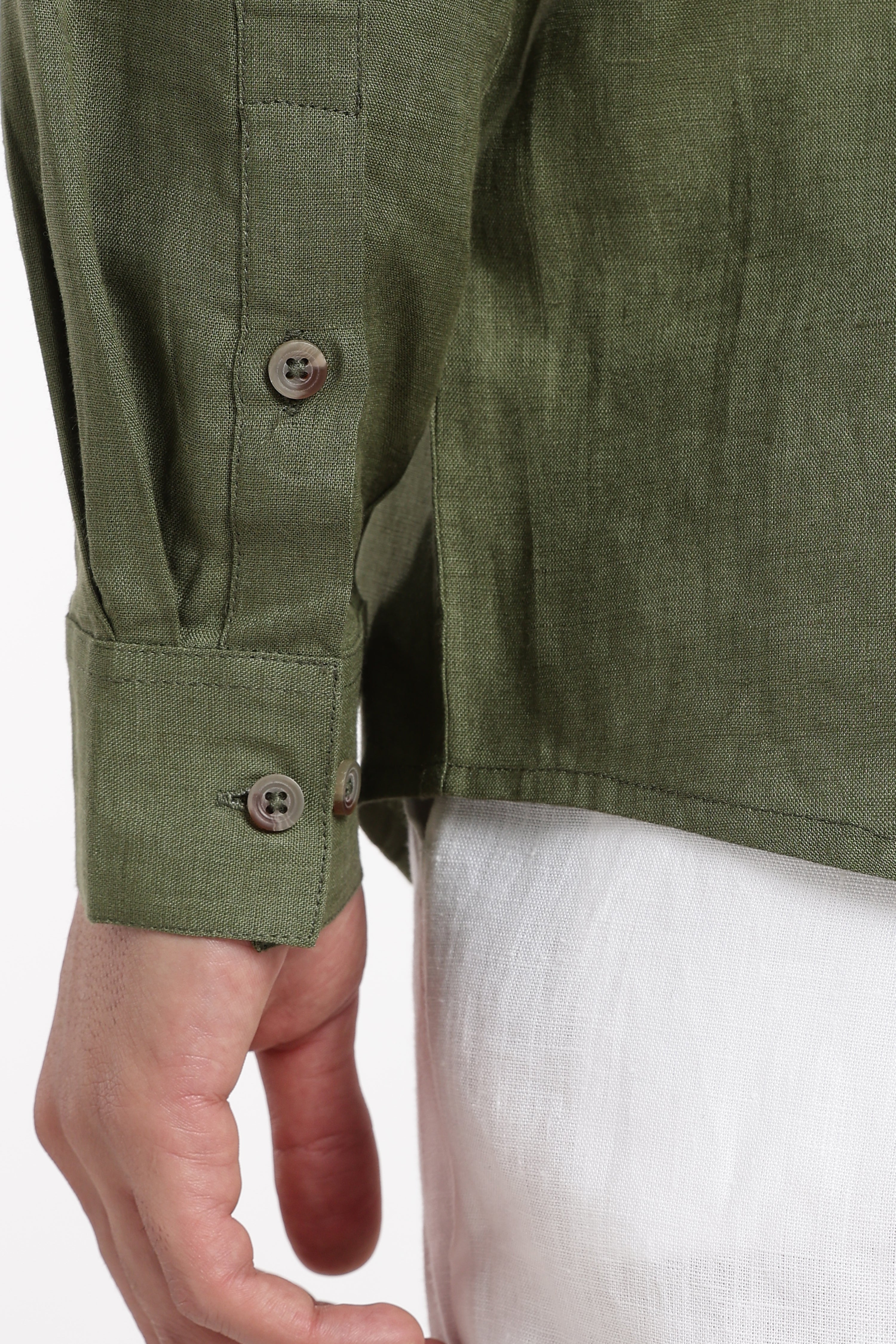 Men’s Olive Green Linen Shirt with Signature Embroidery Detail | Premium Full Sleeve Shirt