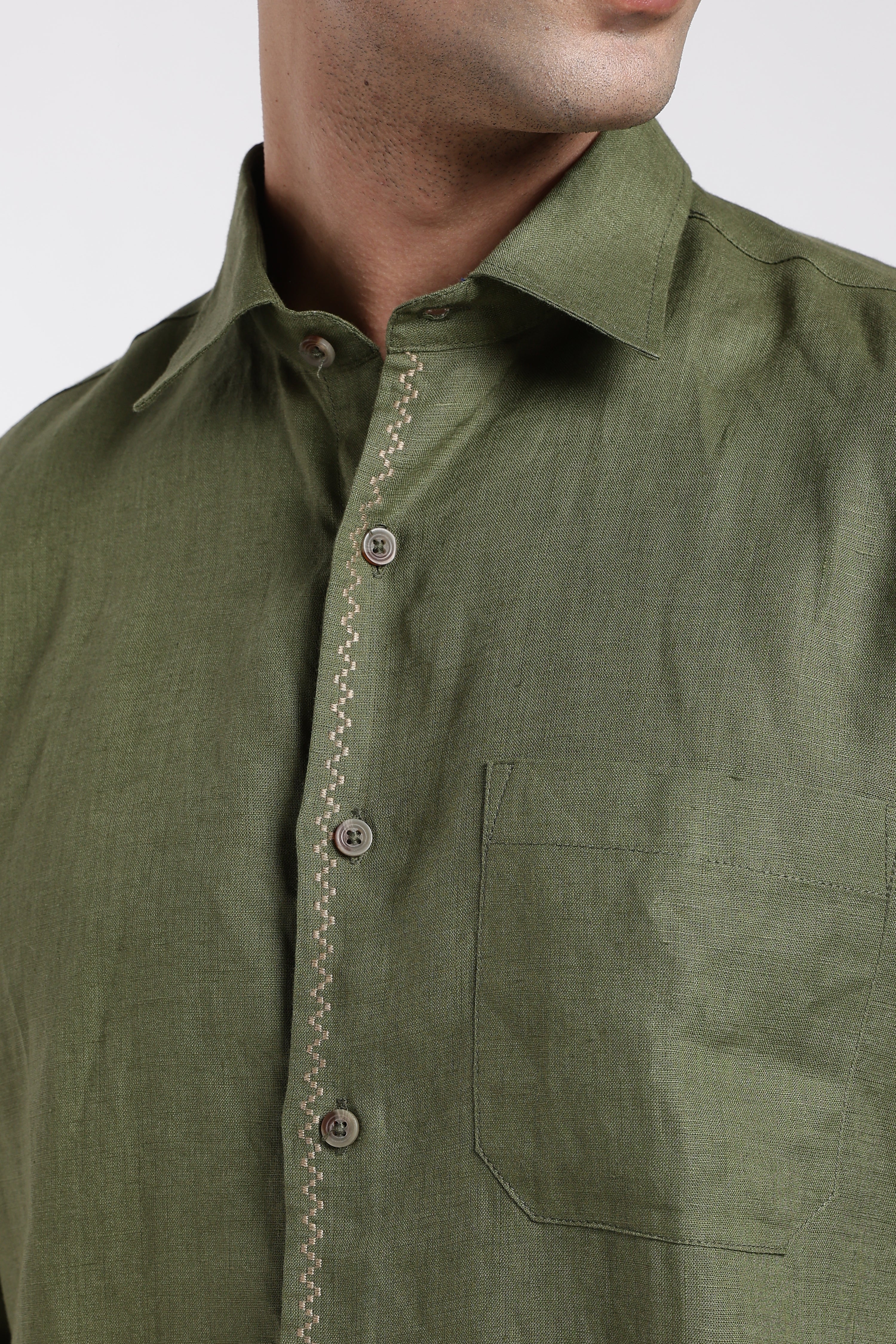 Men’s Olive Green Linen Shirt with Signature Embroidery Detail | Premium Full Sleeve Shirt