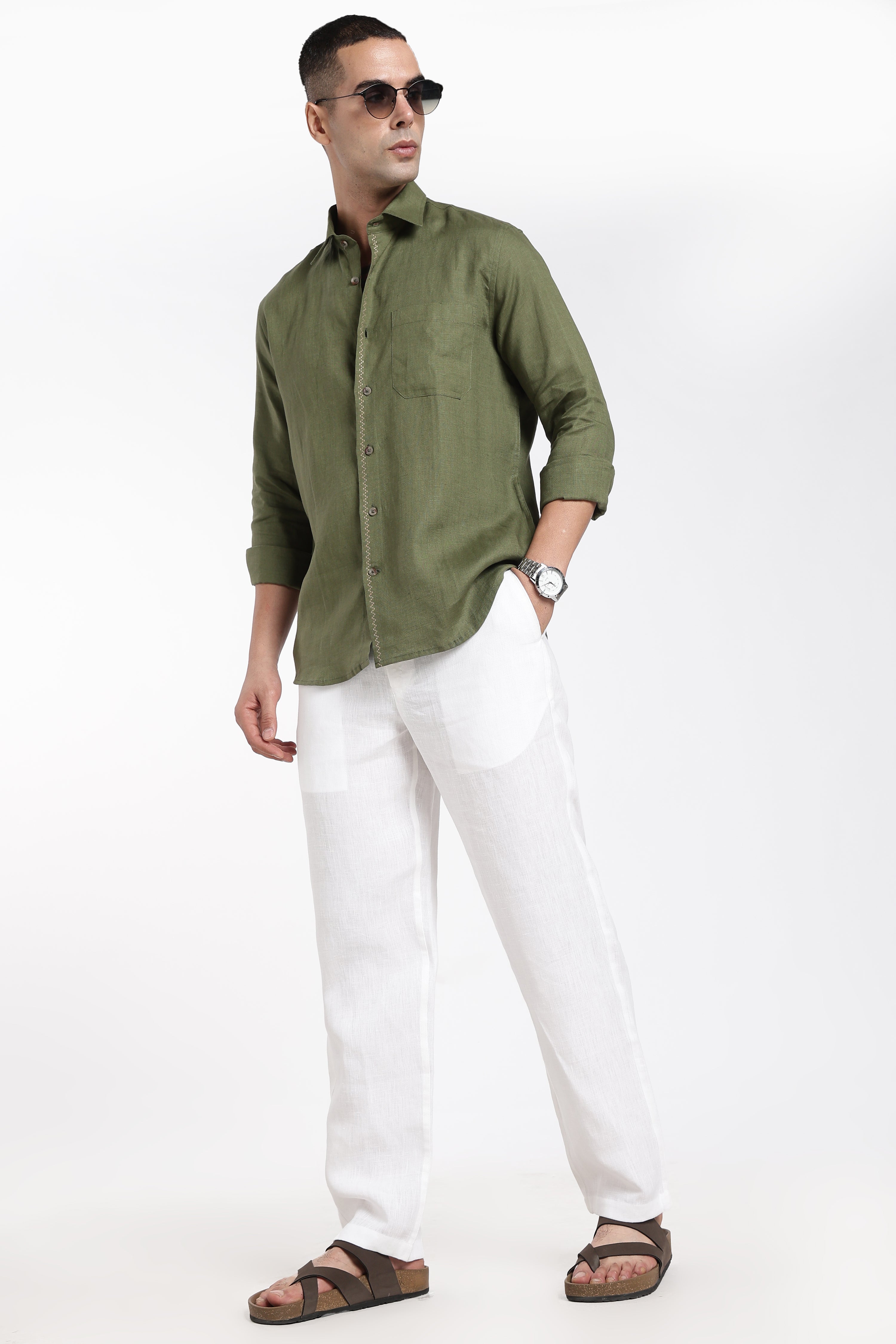 Men’s Olive Green Linen Shirt with Signature Embroidery Detail | Premium Full Sleeve Shirt