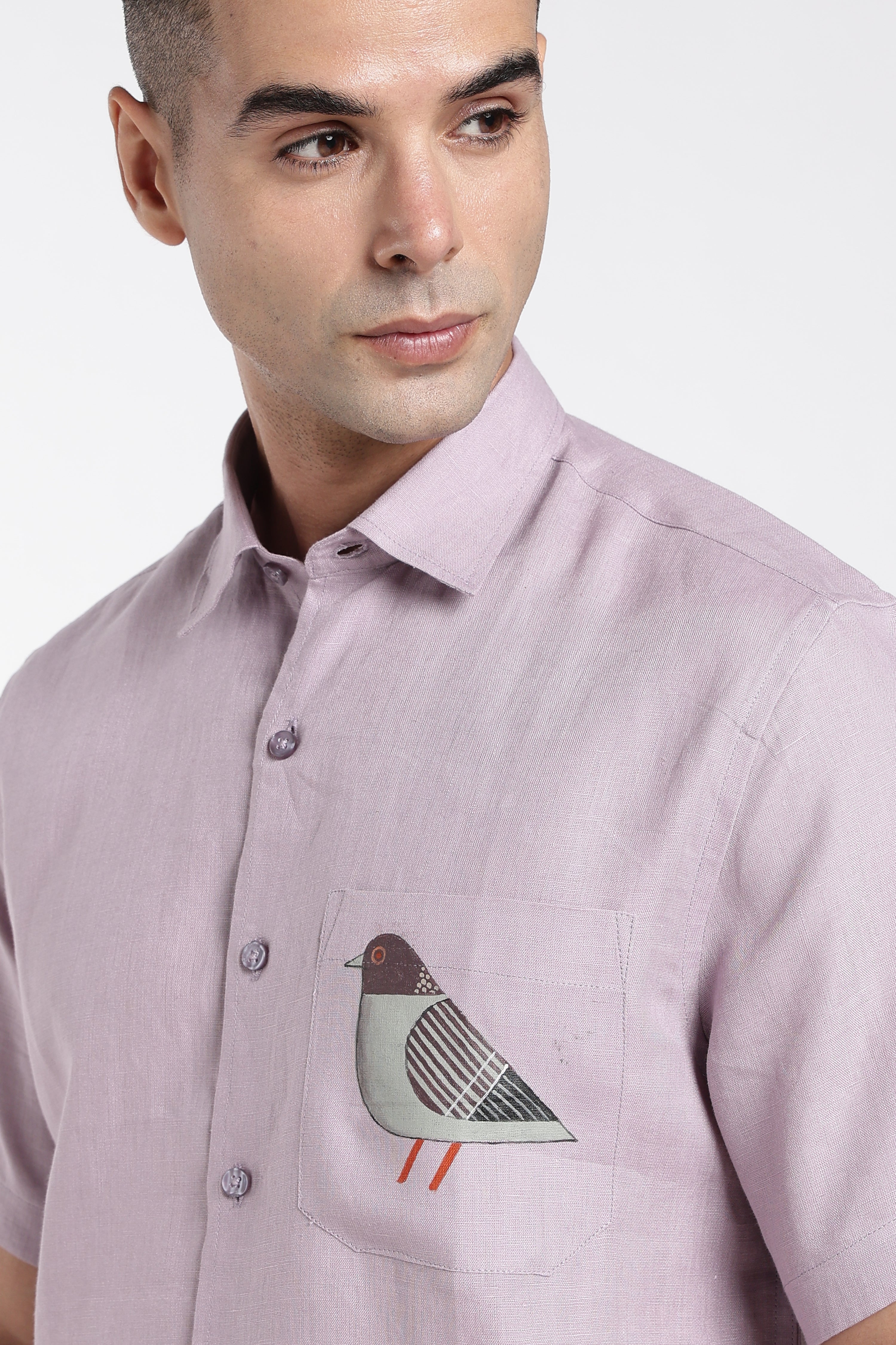 Men’s Lavender Linen Shirt with Artistic Bird Pocket Detail | Premium Short Sleeve Shirt