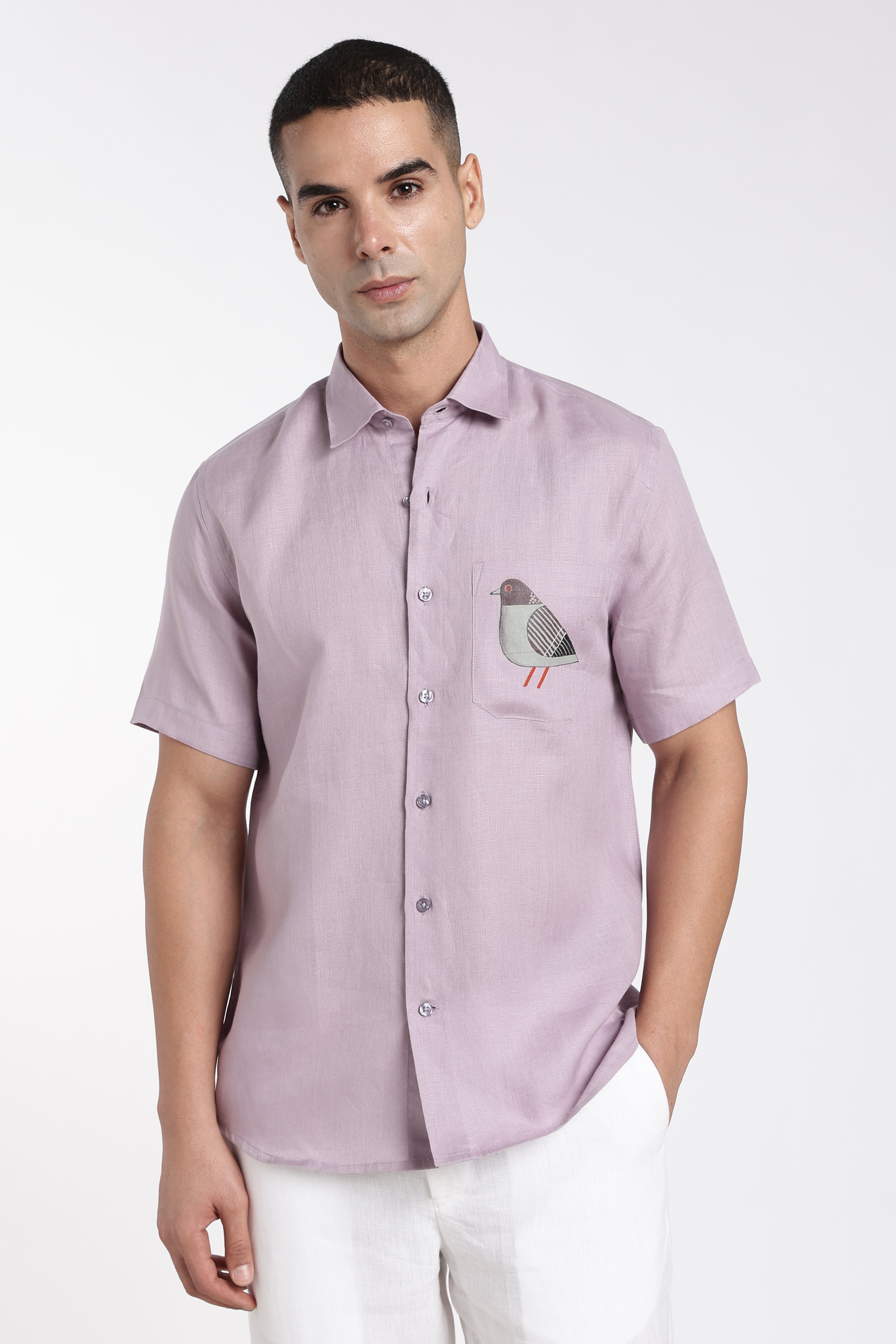 Men’s Lavender Linen Shirt with Artistic Bird Pocket Detail | Premium Short Sleeve Shirt