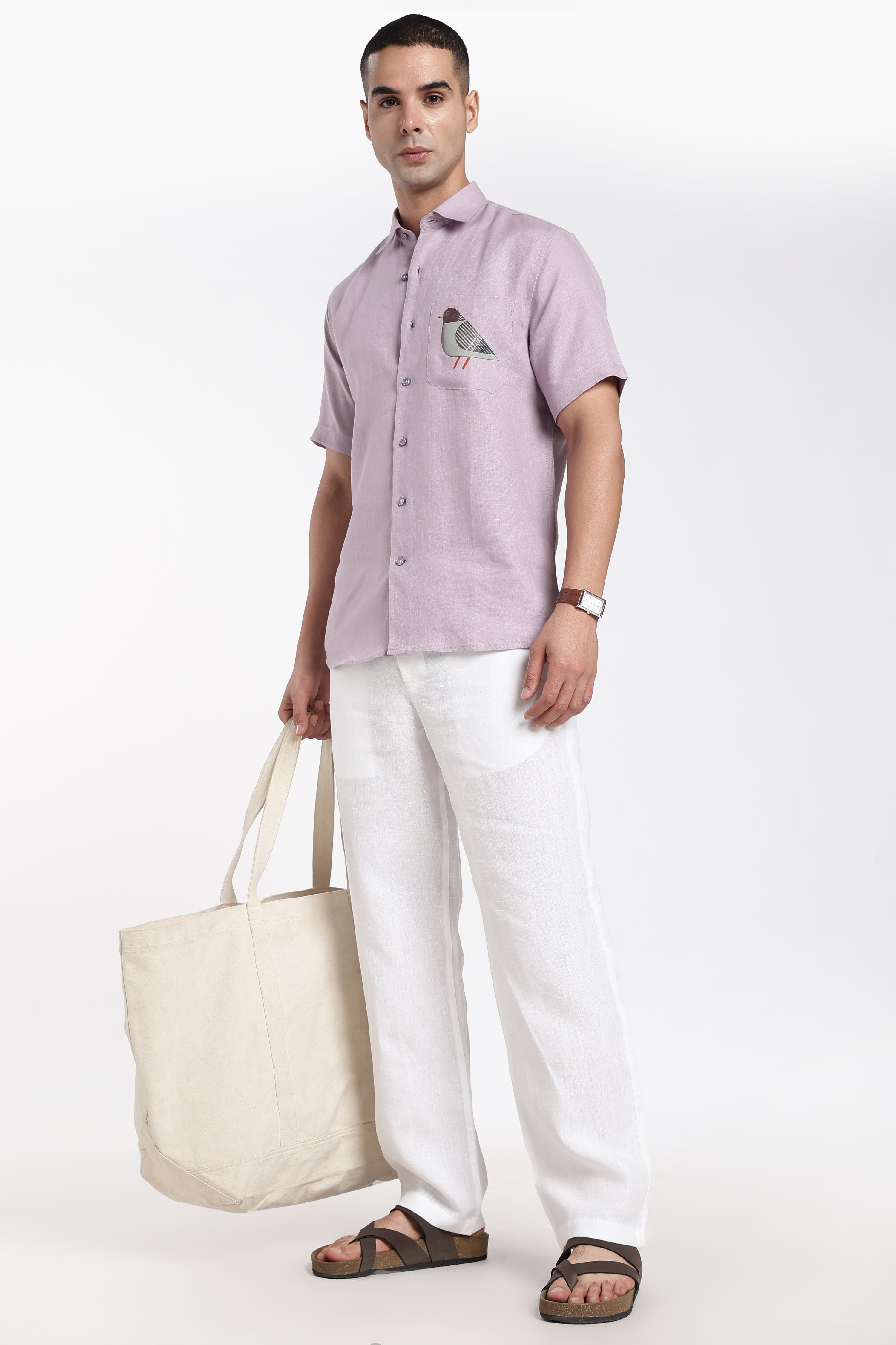 Men’s Lavender Linen Shirt with Artistic Bird Pocket Detail | Premium Short Sleeve Shirt