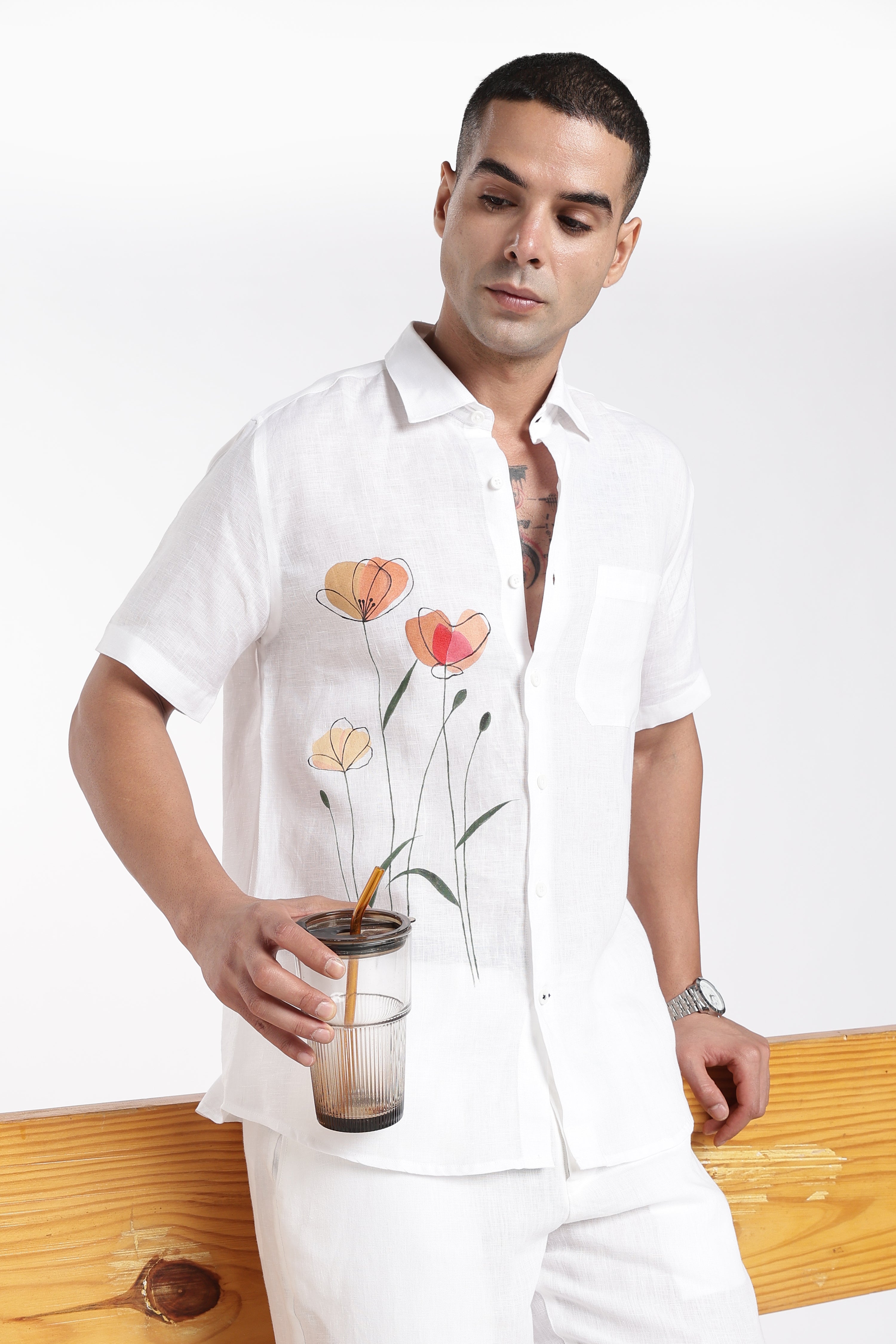 Men’s Premium White Linen Co-Ord Set with Artistic Floral Hand-Painted Design