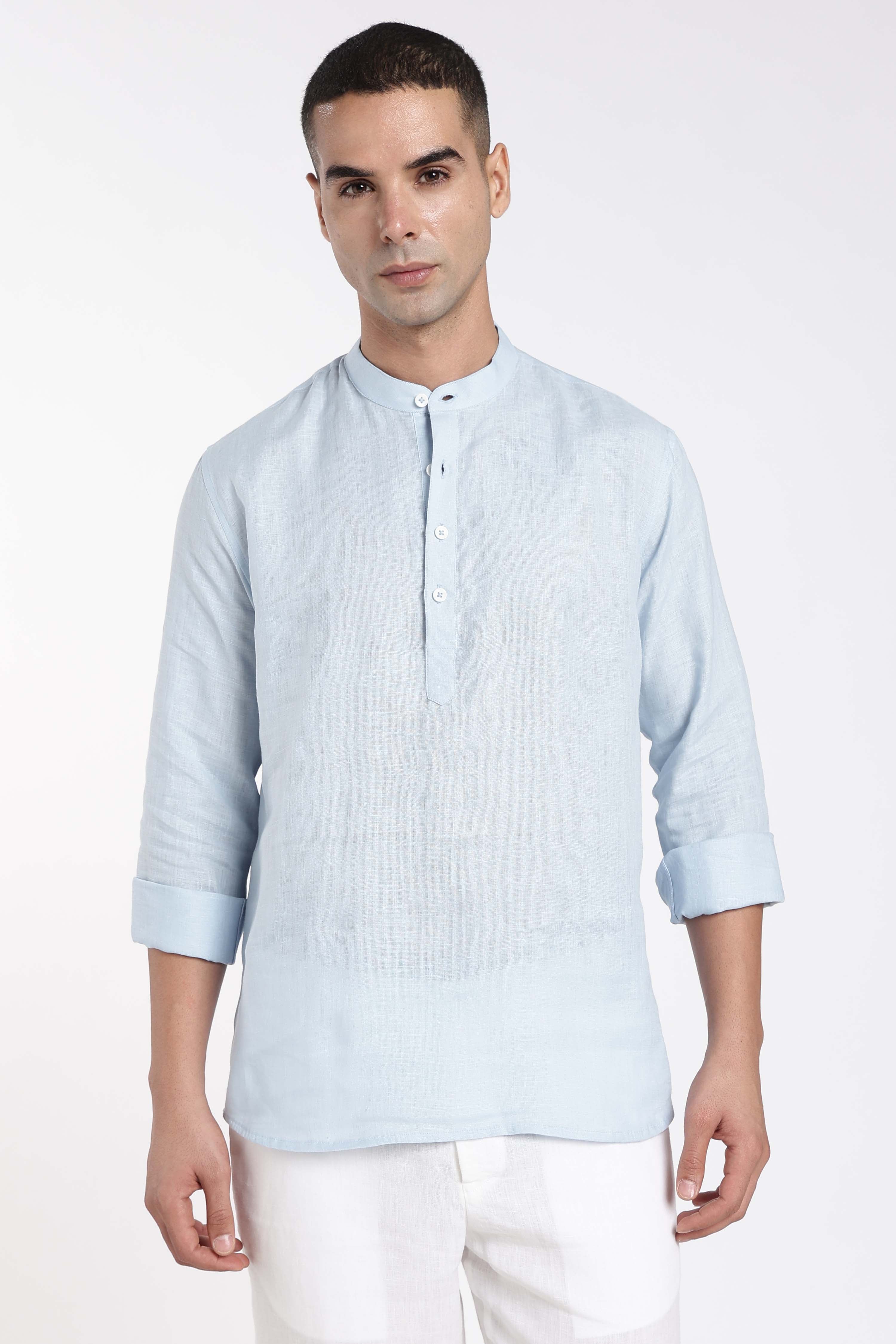 Men’s Sky Blue Linen Mandarin Collar Kurta | Linen Culture